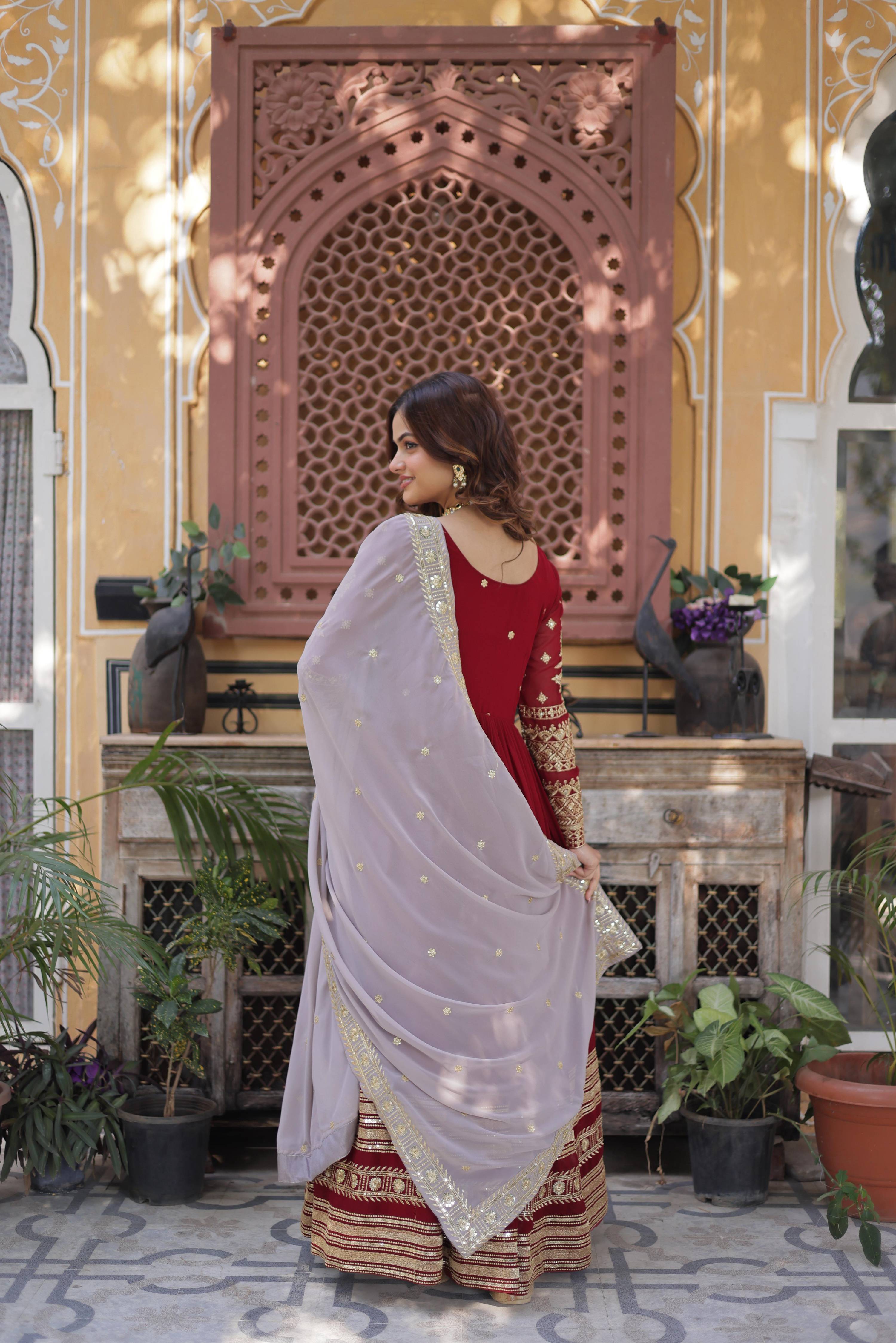 Maroon Faux Blooming Embroidered Anarkali Set with Dupatta