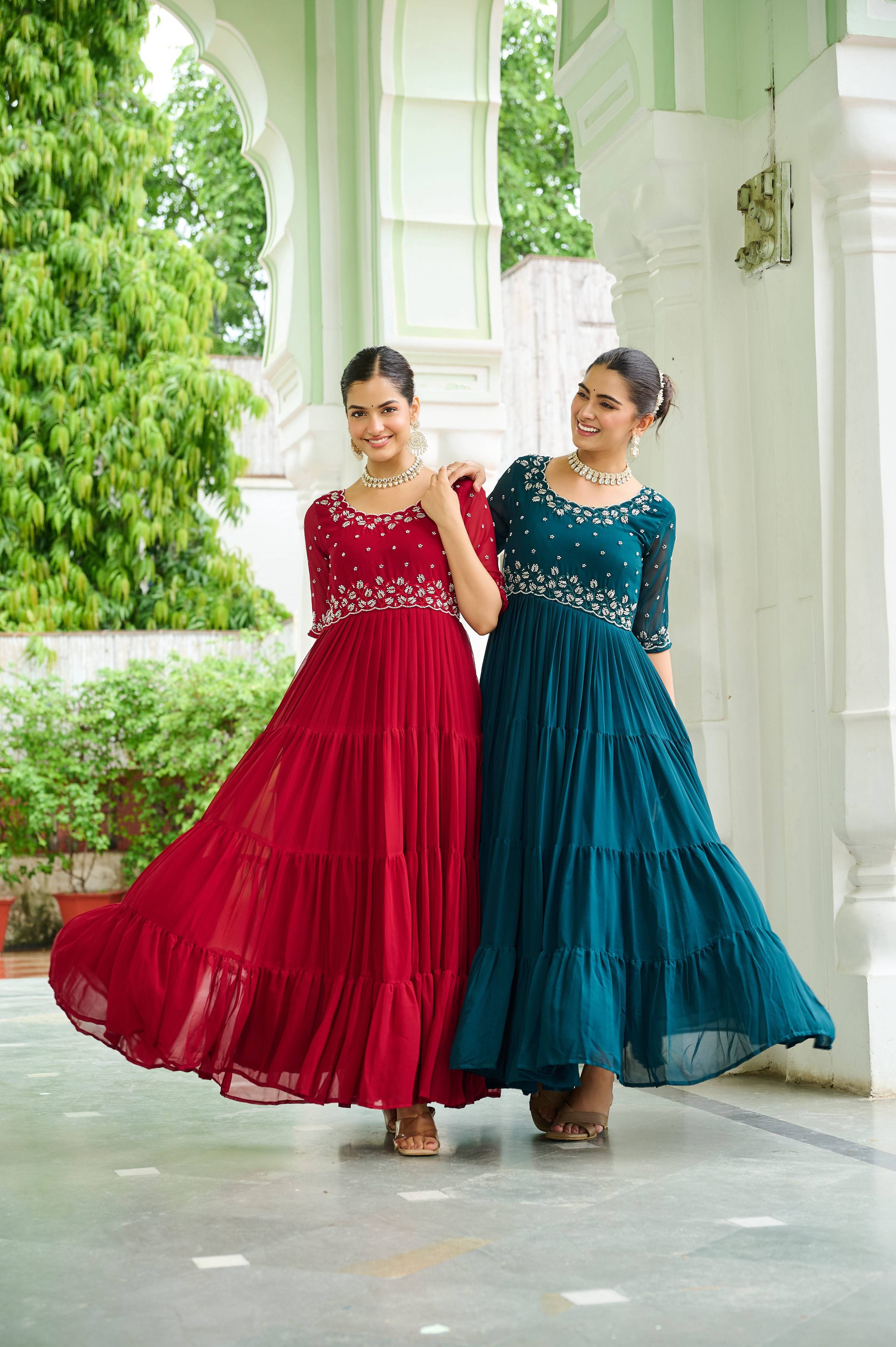 Maroon & Rama Faux Blooming Beads Embroidered Anarkali Set