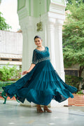 Rama color faux blooming Anarkali set with intricate bead embroidery and round neck