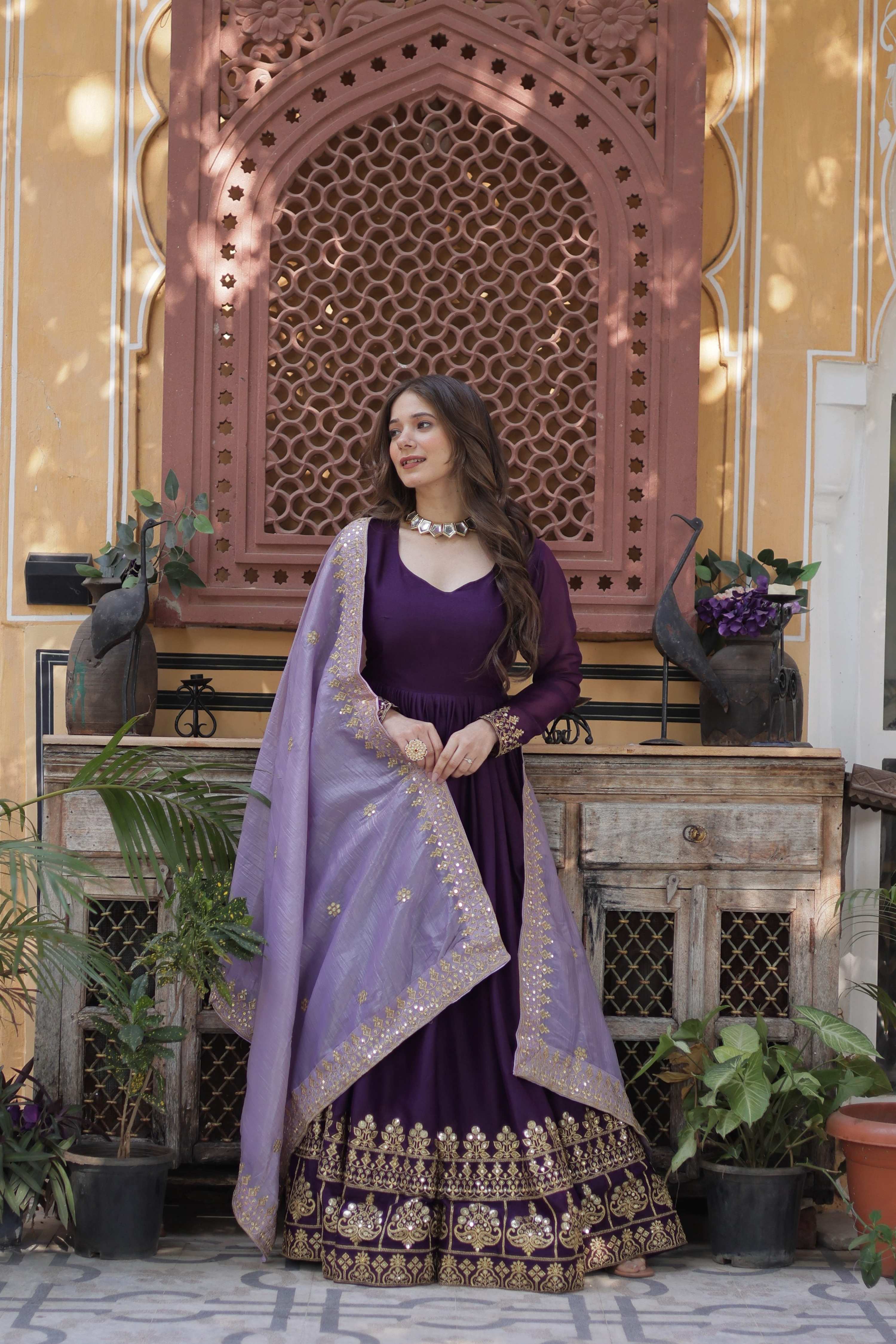 Purple Star Georgette Embroidered Anarkali Set with Dupatta