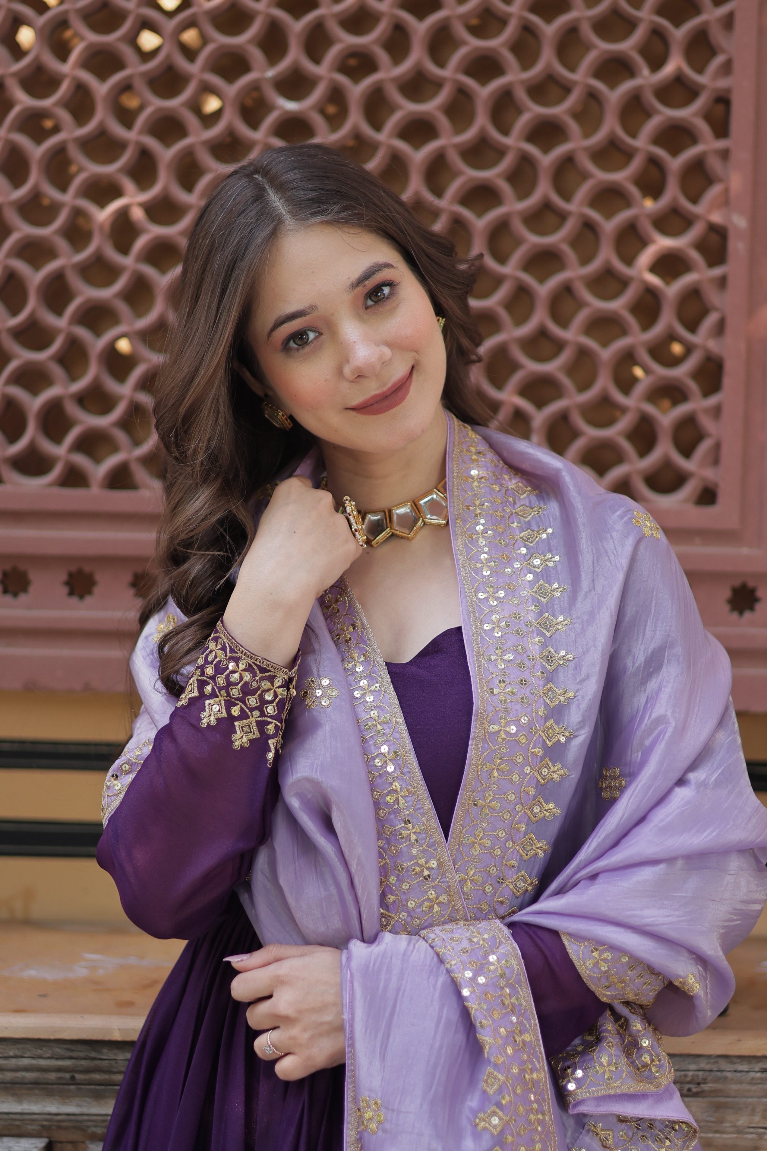 Purple Star Georgette Embroidered Anarkali Set with Dupatta