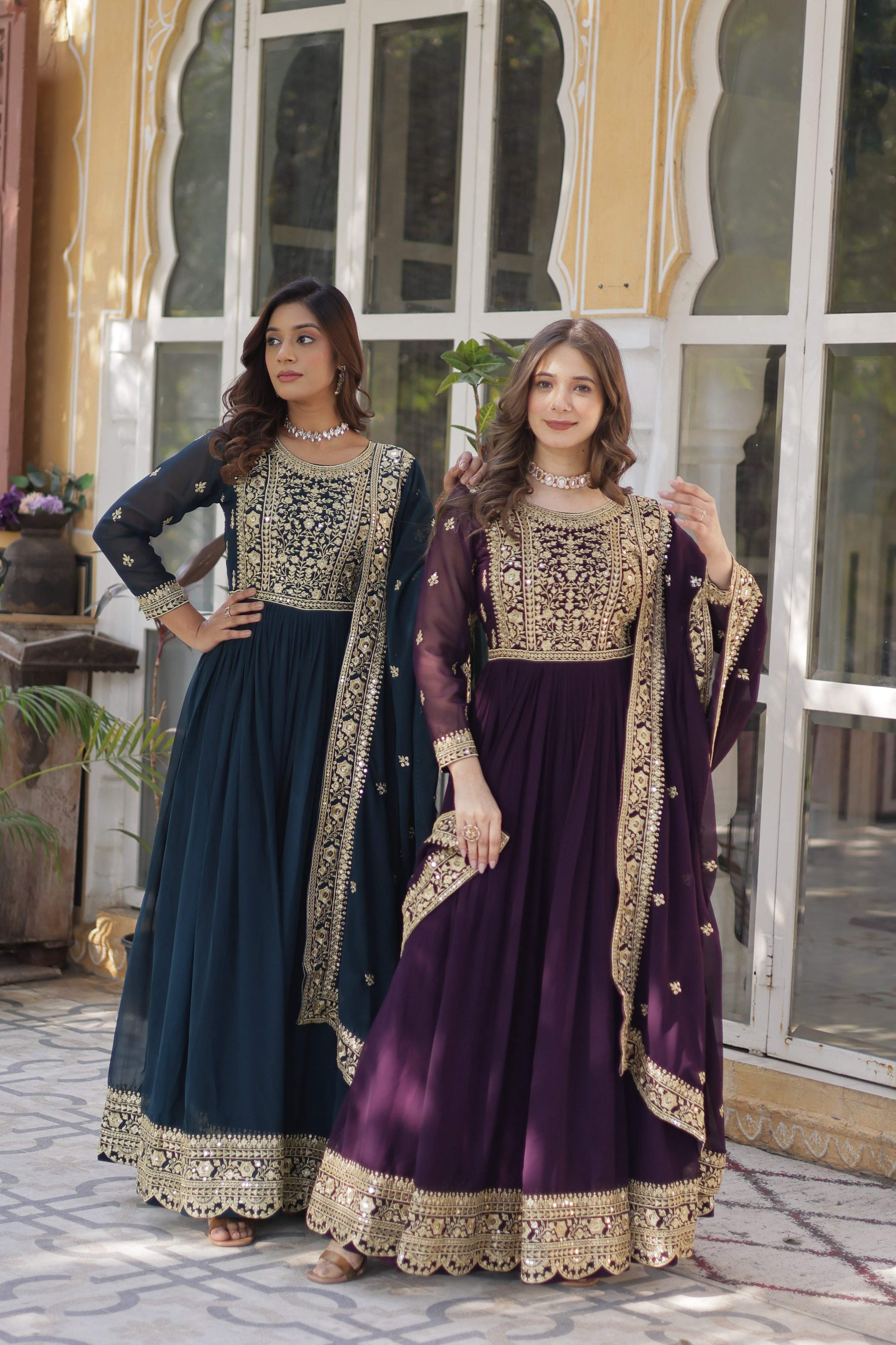 Rama and Wine Faux Blooming Anarkali suit with gold zari embroidery and matching dupatta