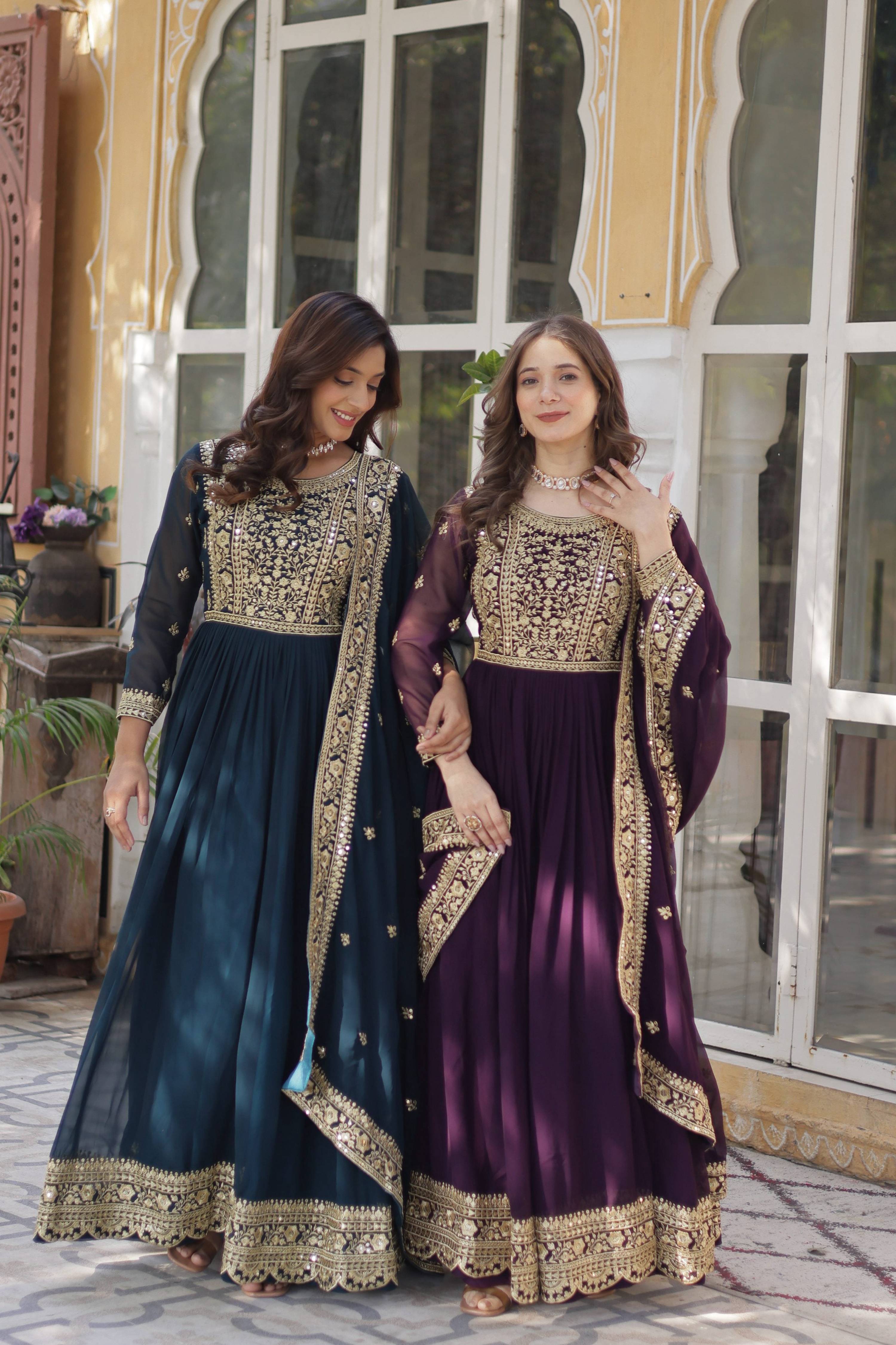 Rama & Wine Faux Blooming Embroidered Anarkali Set with Dupatta