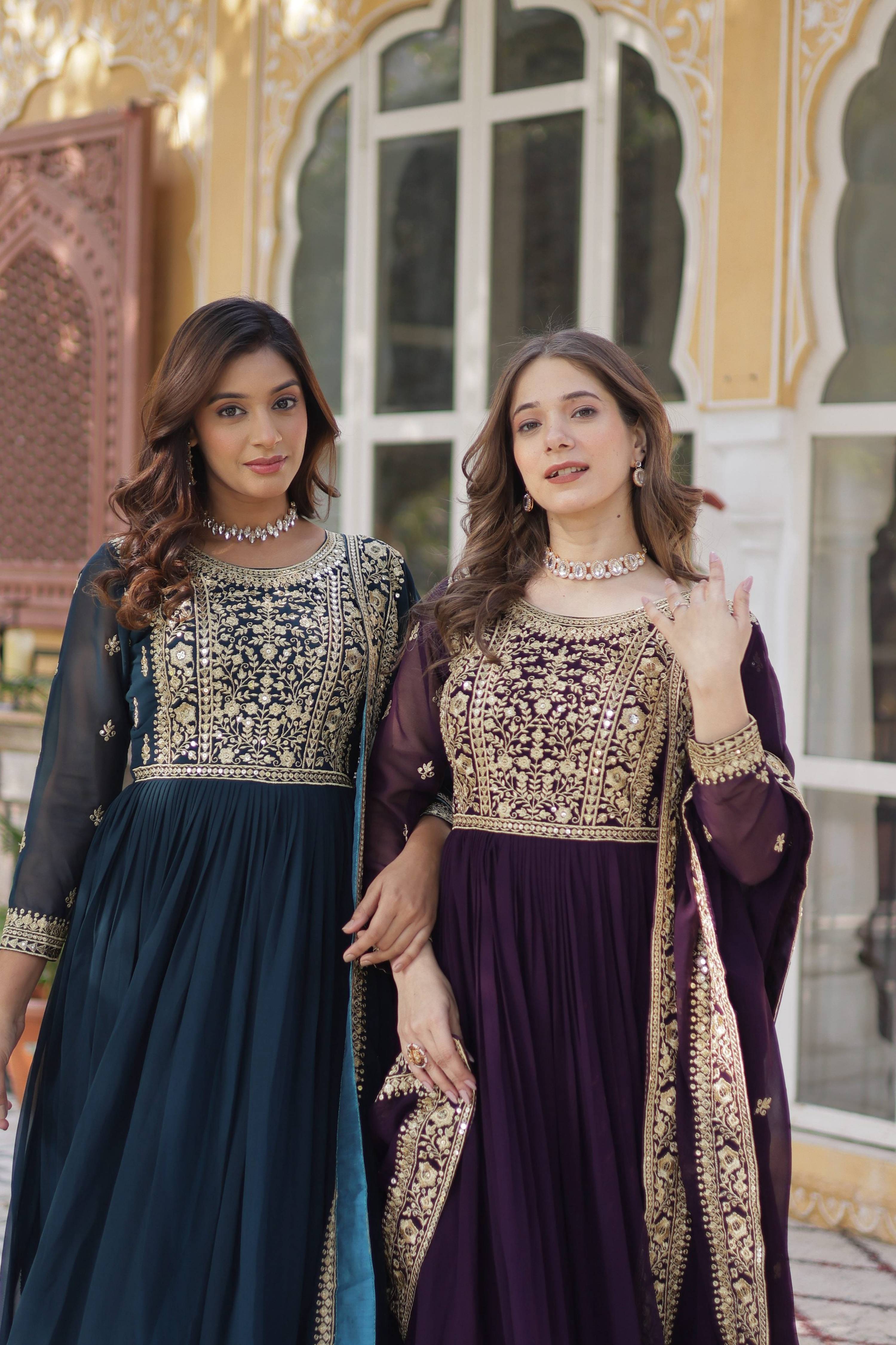 Rama & Wine Faux Blooming Embroidered Anarkali Set with Dupatta