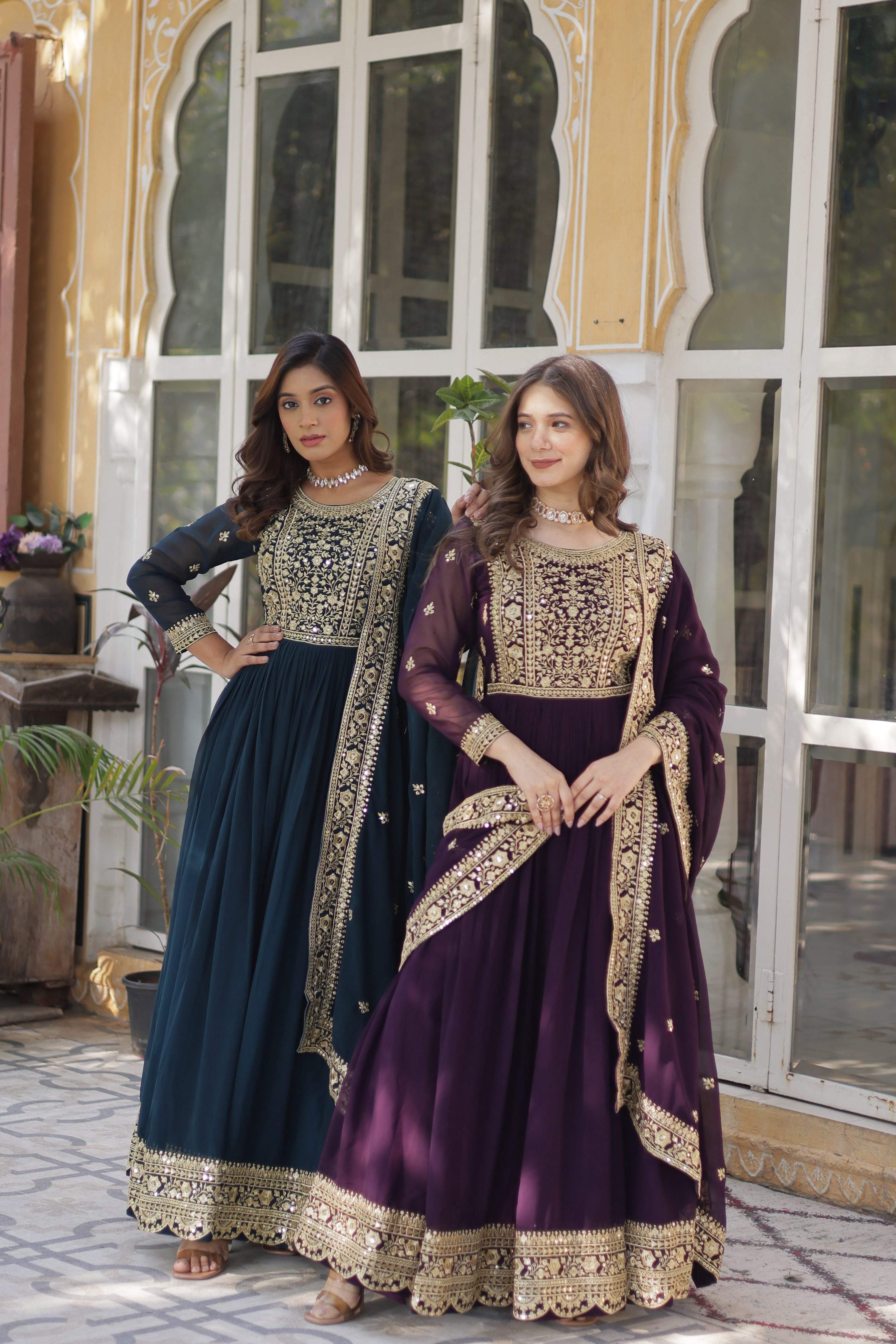 Rama & Wine Faux Blooming Embroidered Anarkali Set with Dupatta