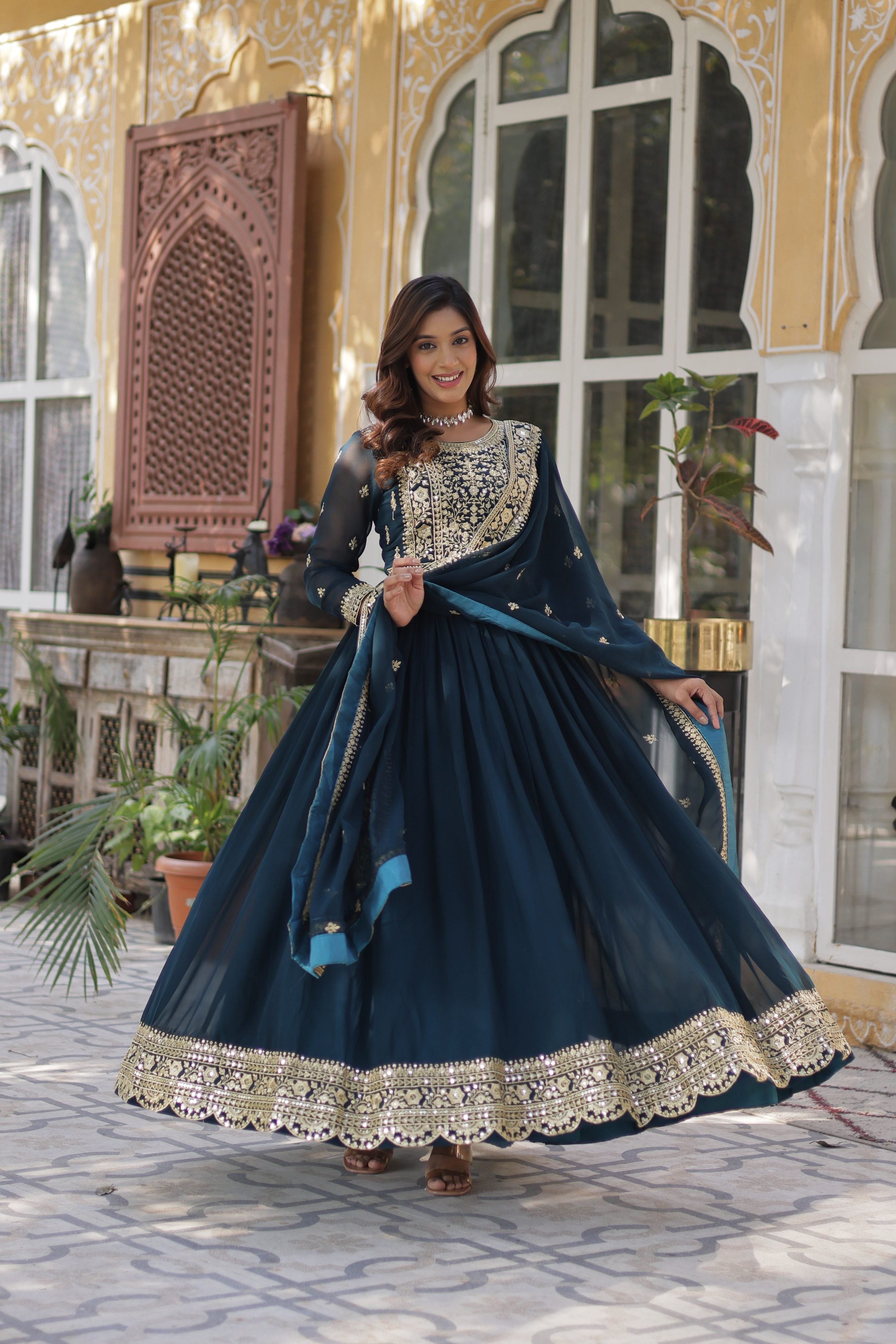 Rama Faux Blooming Embroidered Anarkali Set with Dupatta