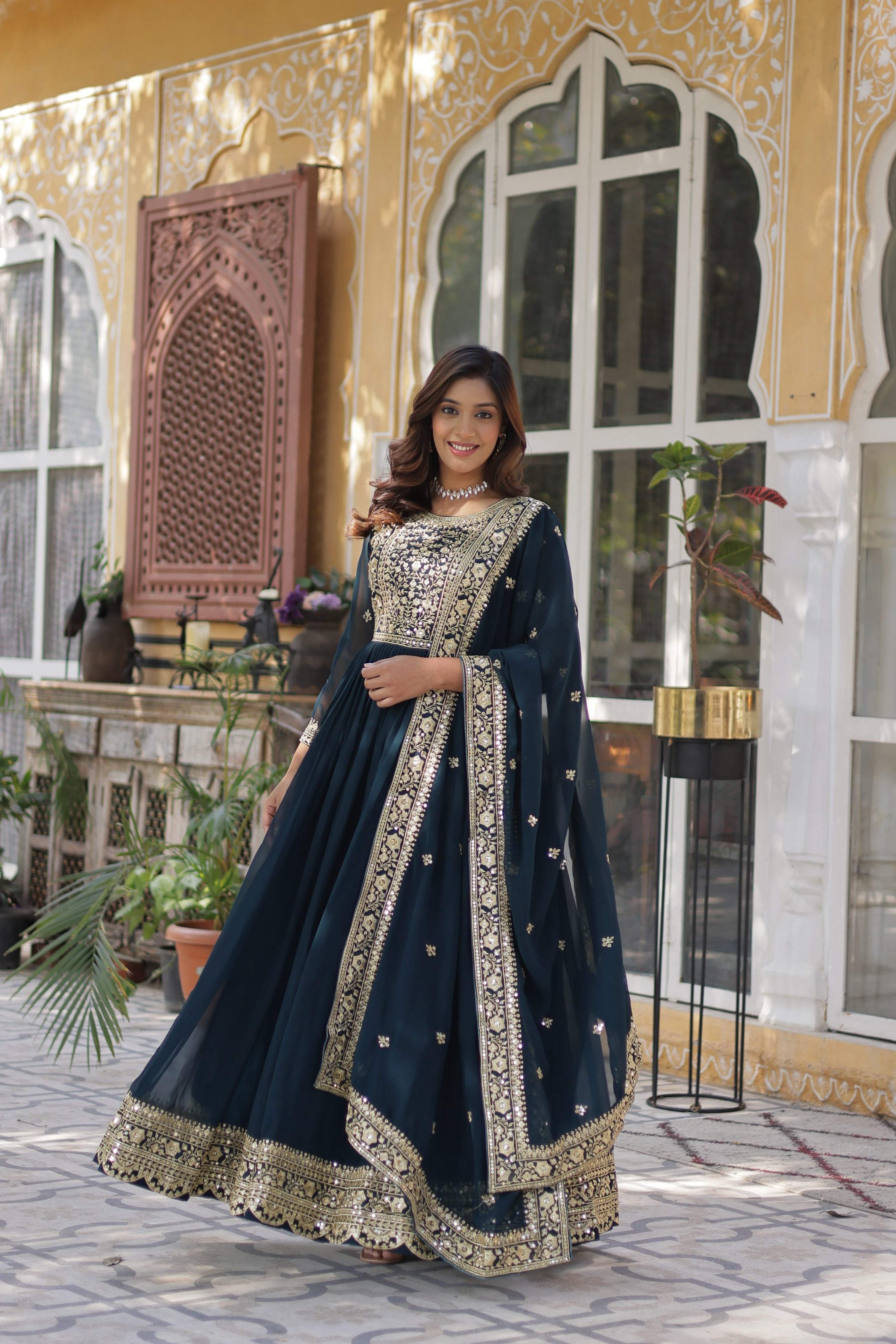 Rama Faux Blooming Embroidered Anarkali Set with Dupatta