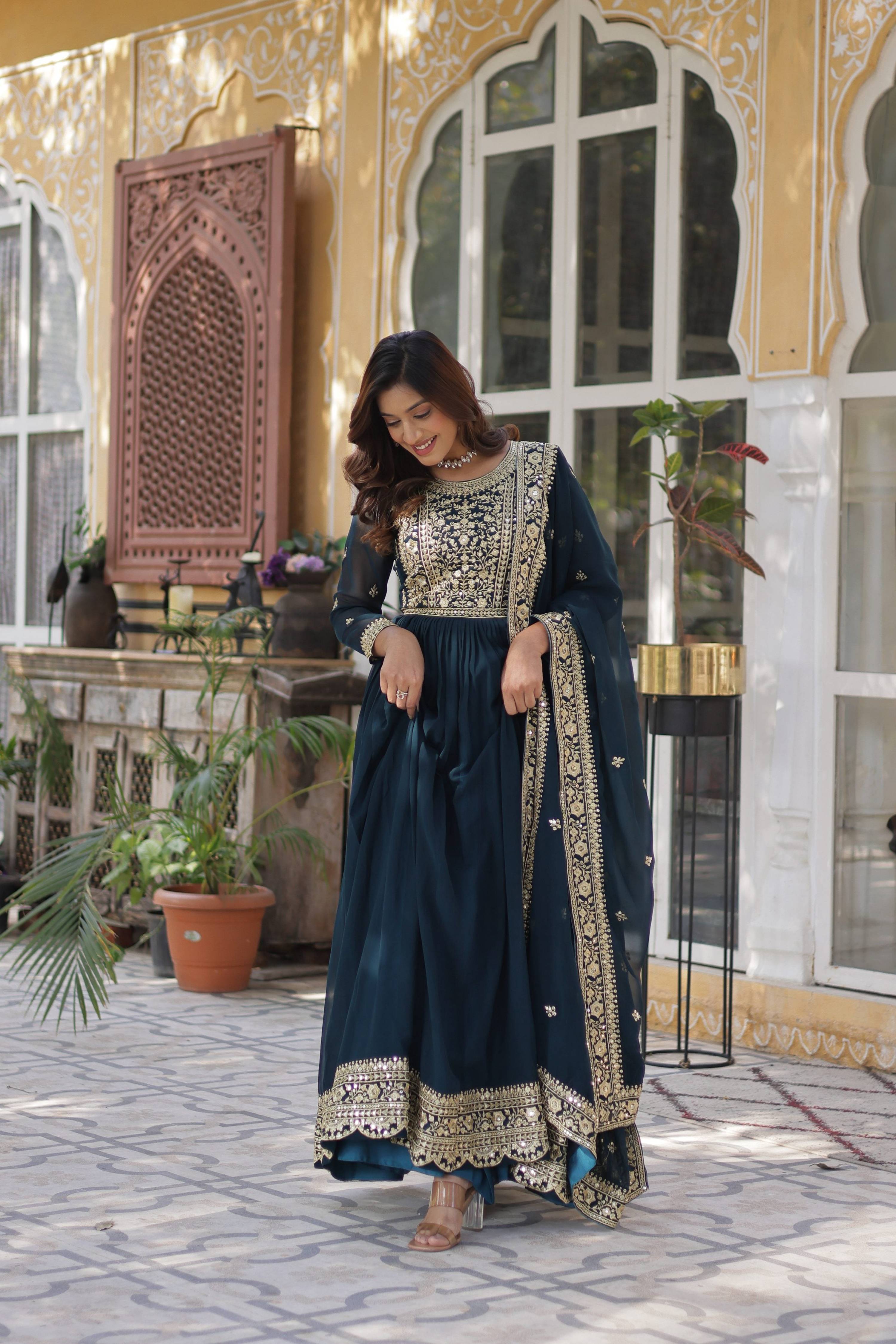 Rama Faux Blooming Embroidered Anarkali Set with Dupatta