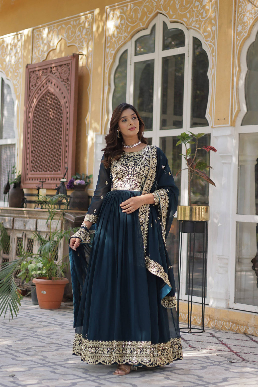 Rama Faux Blooming Embroidered Anarkali Set with Dupatta