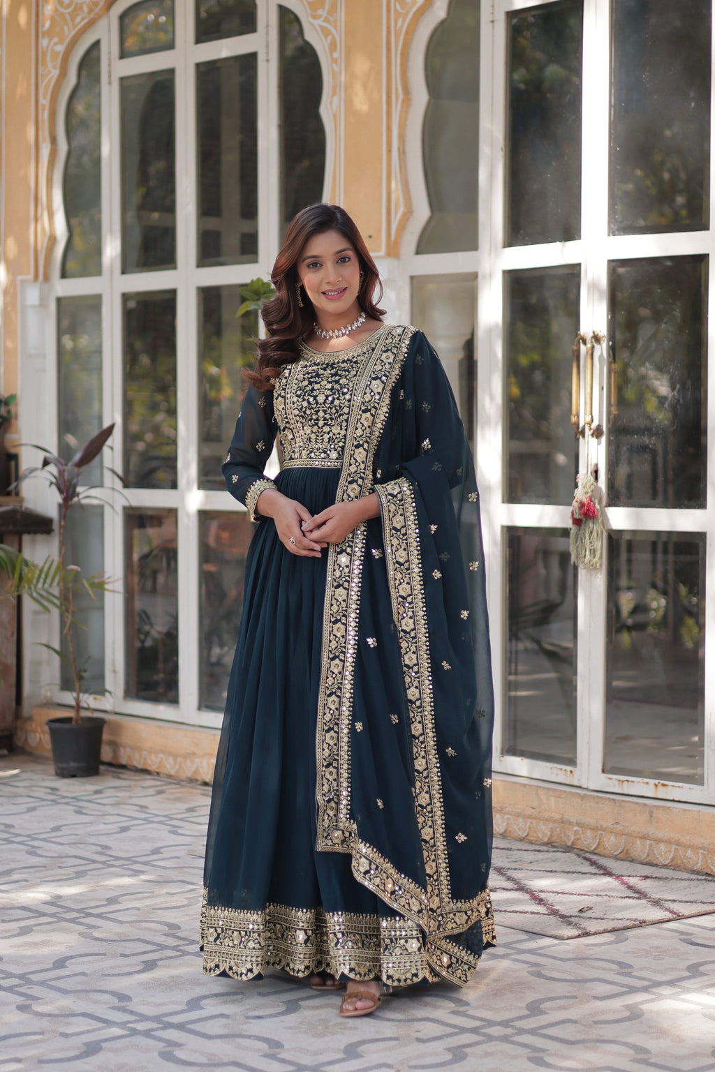 Rama color Faux Blooming Anarkali set with sequin and zari embroidery detail