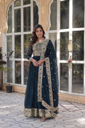 Rama color Faux Blooming Anarkali set with sequin and zari embroidery detail