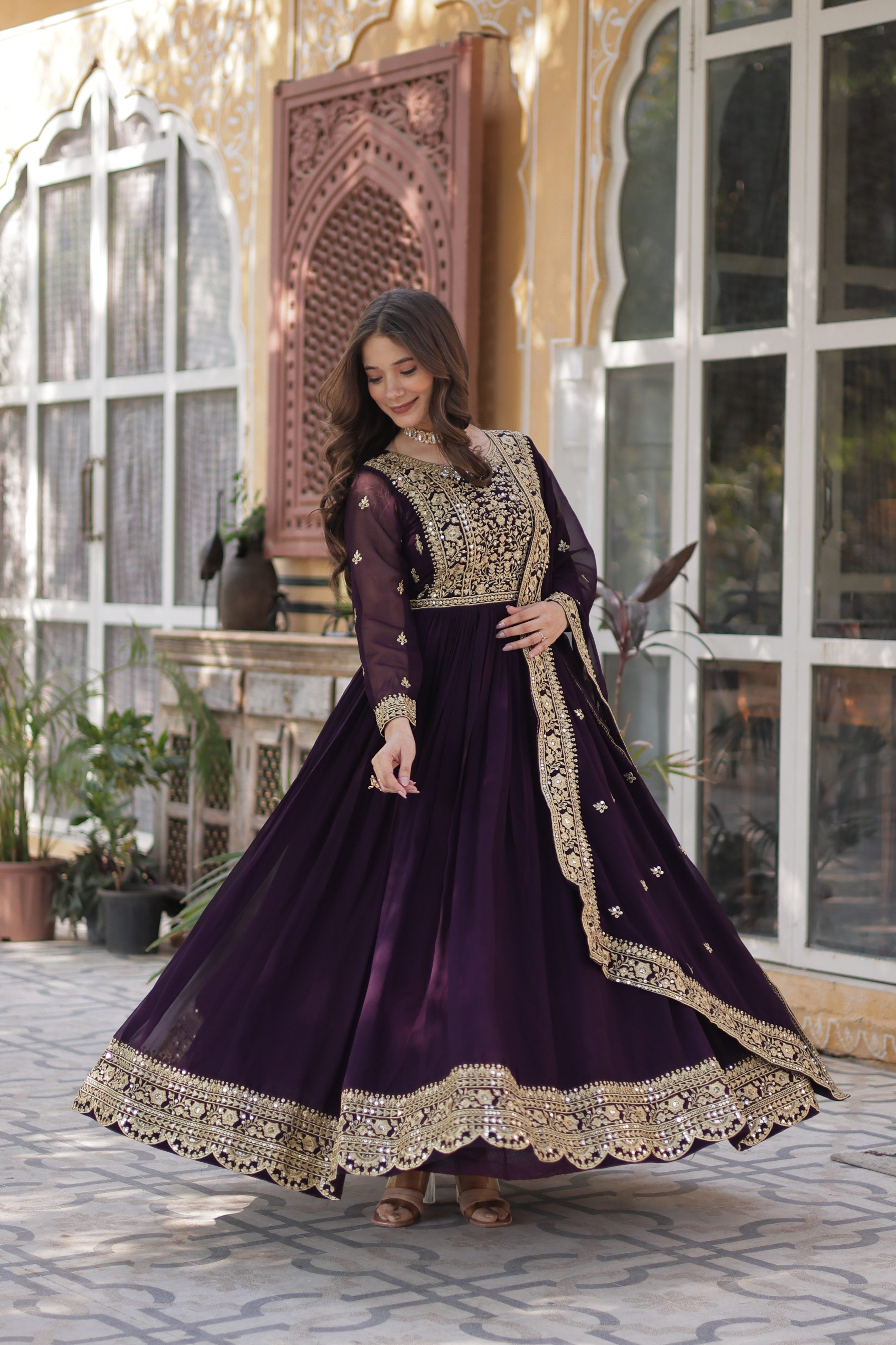 Wine Faux Blooming Embroidered Anarkali Set with Dupatta