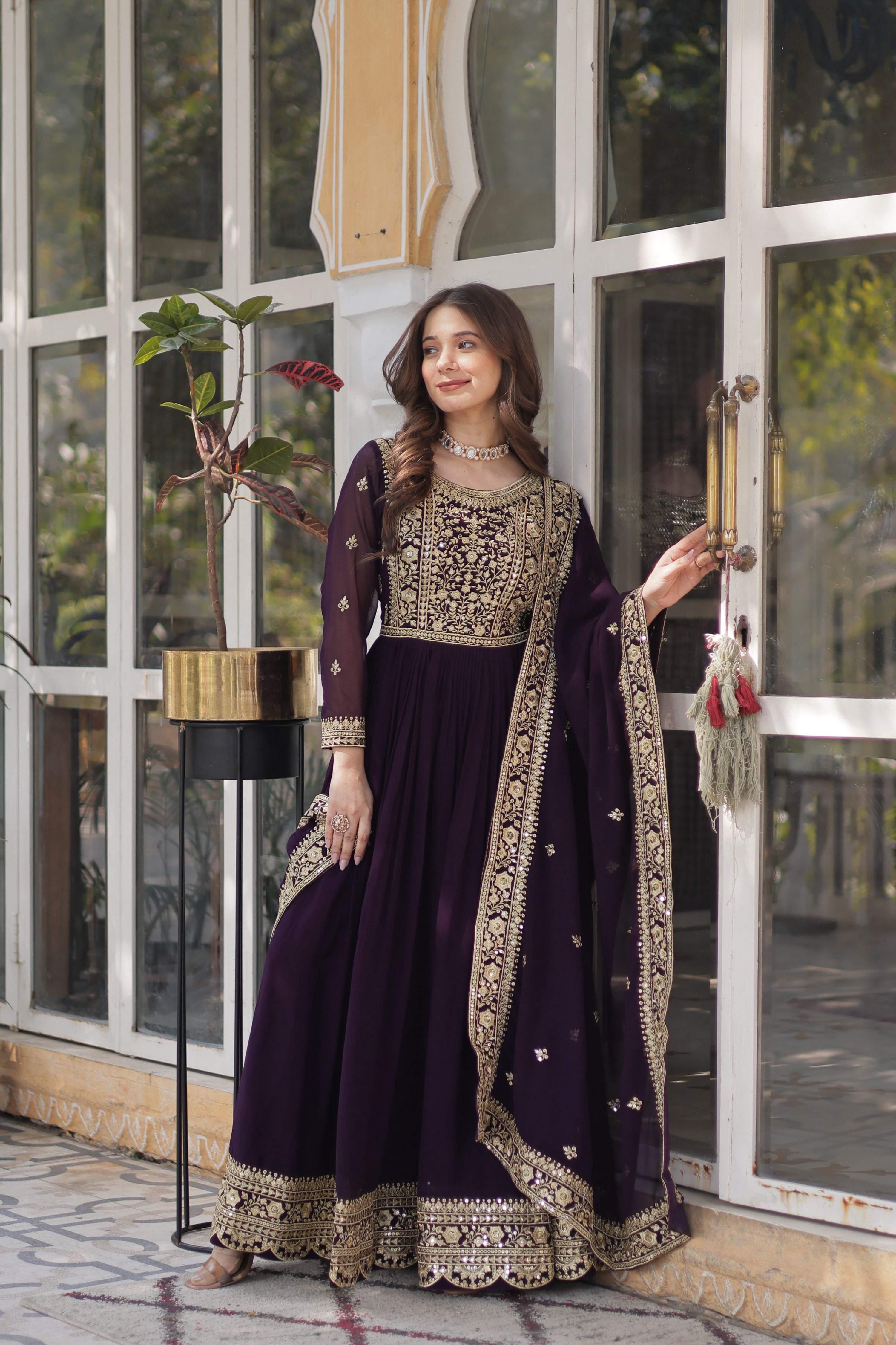 Wine Faux Blooming Embroidered Anarkali Set with Dupatta