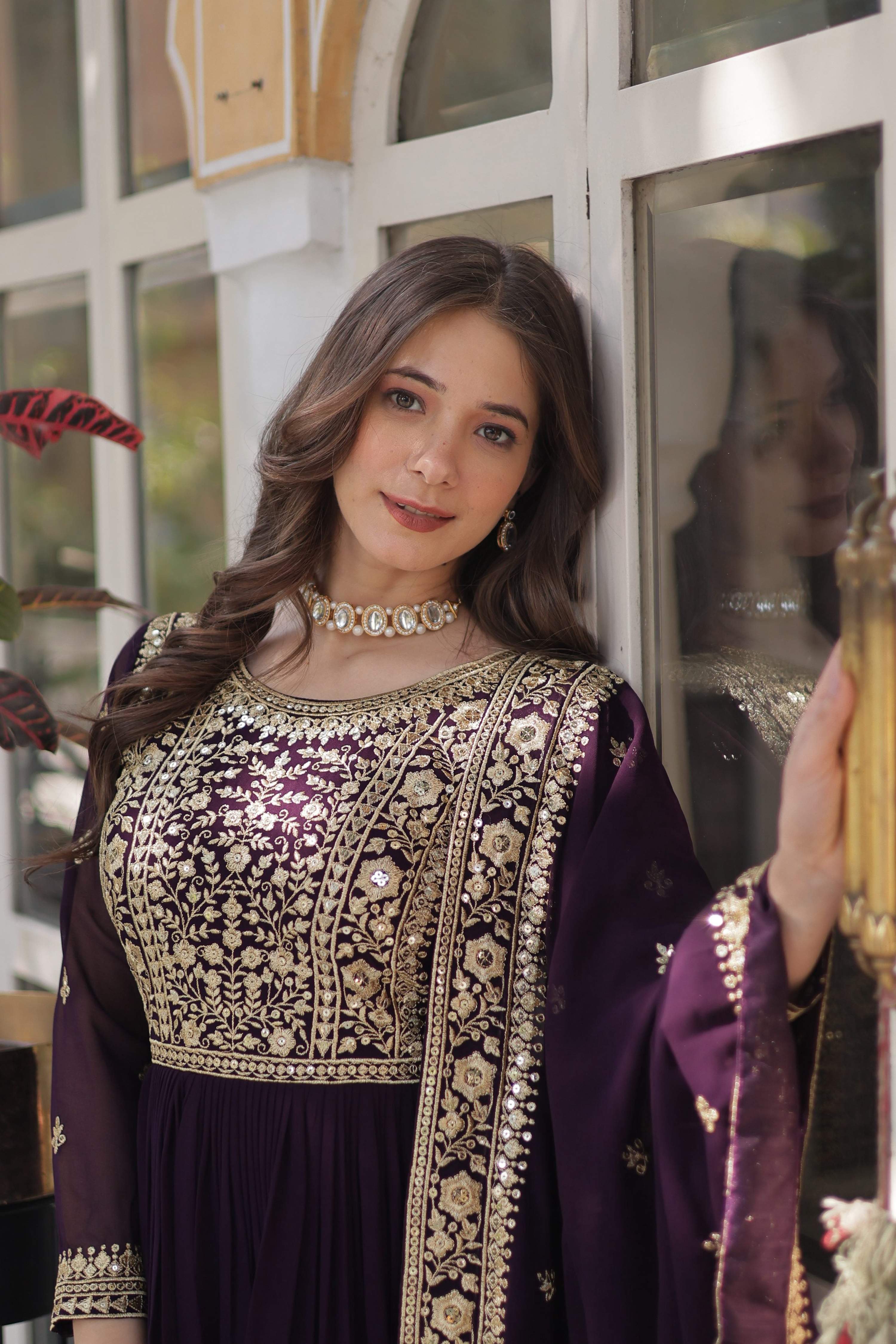 Wine Faux Blooming Embroidered Anarkali Set with Dupatta