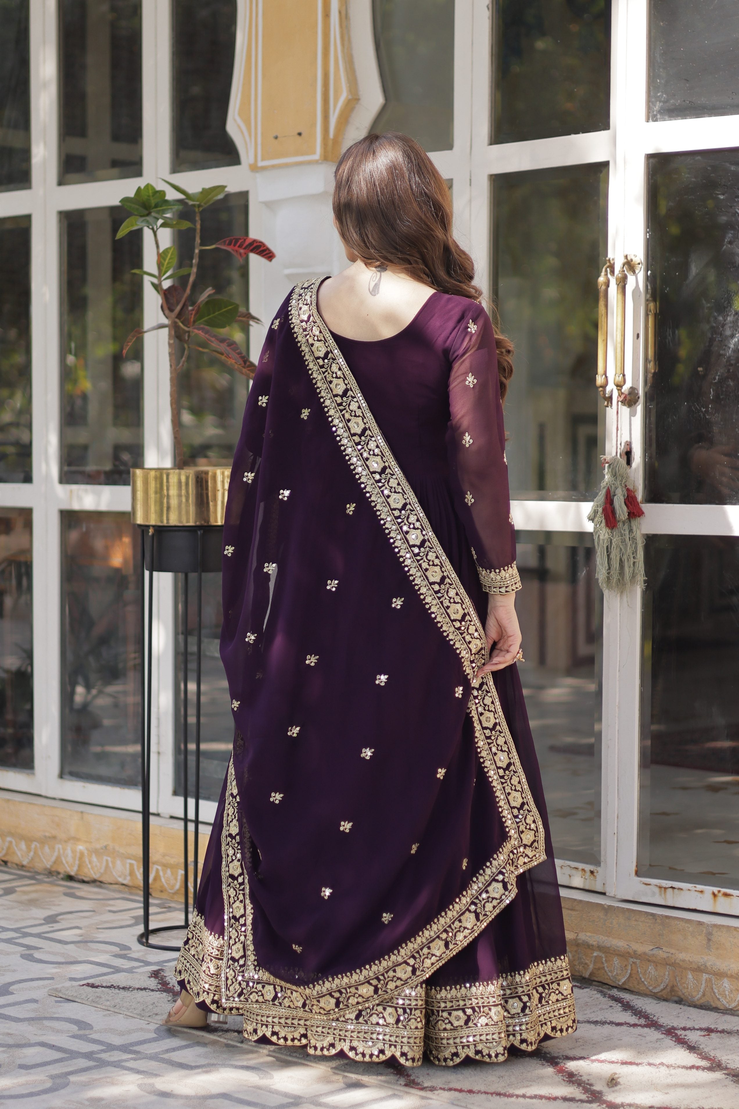 Wine Faux Blooming Embroidered Anarkali Set with Dupatta