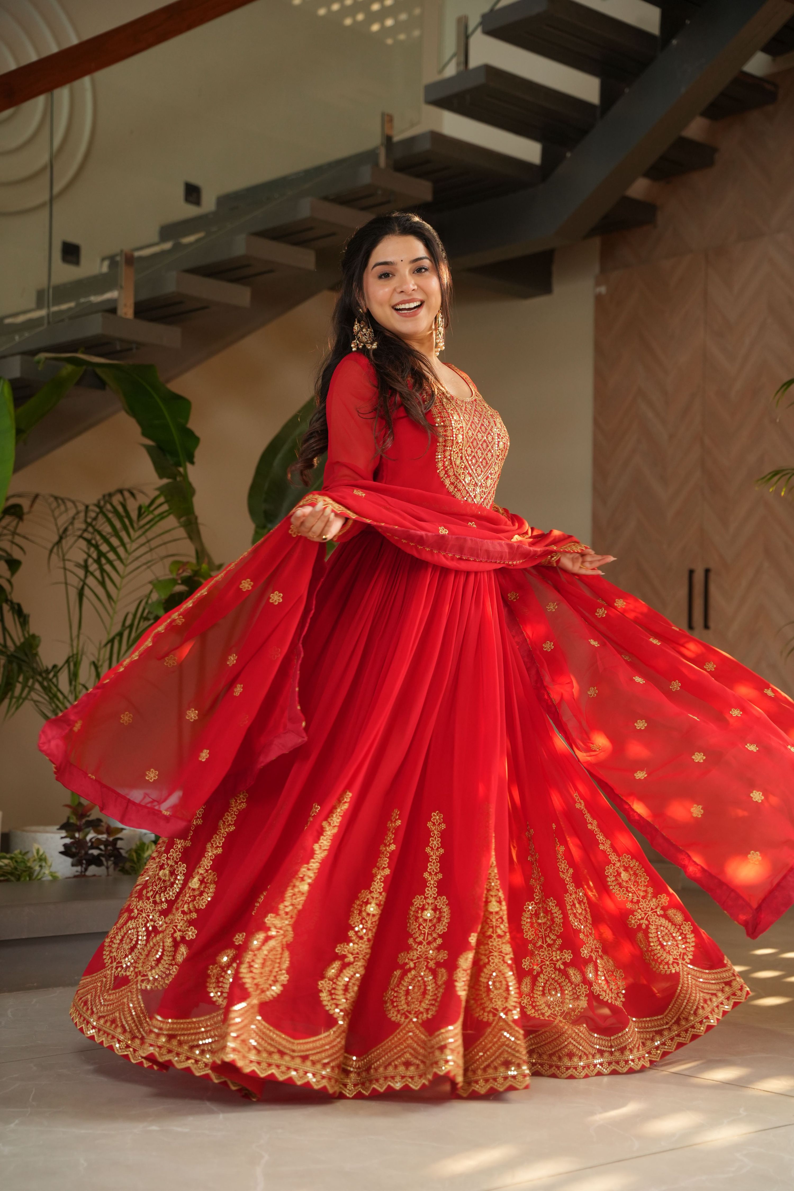Red Faux Blooming Embroidered Anarkali Set with Dupatta