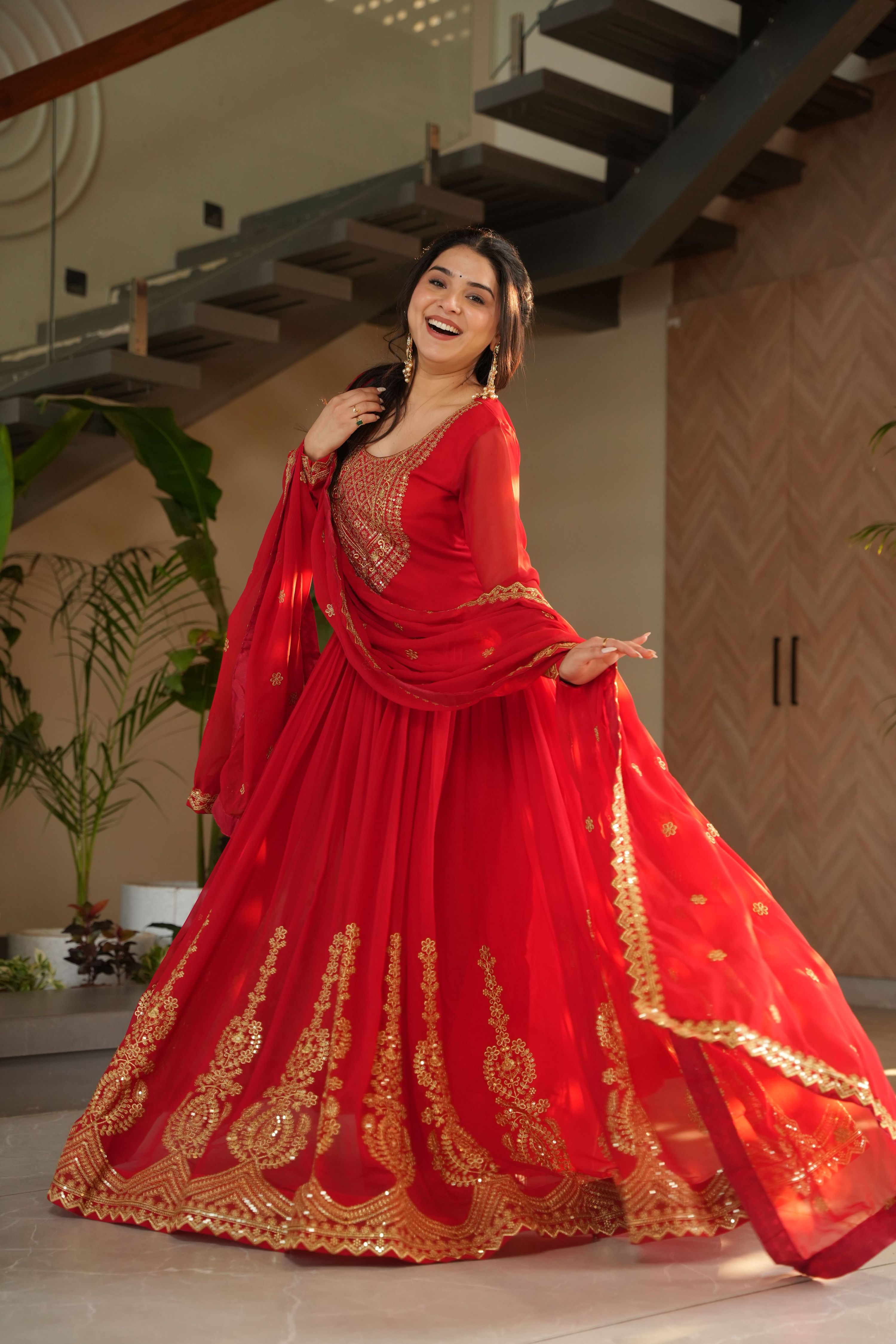 Red Faux Blooming Embroidered Anarkali Set with Dupatta