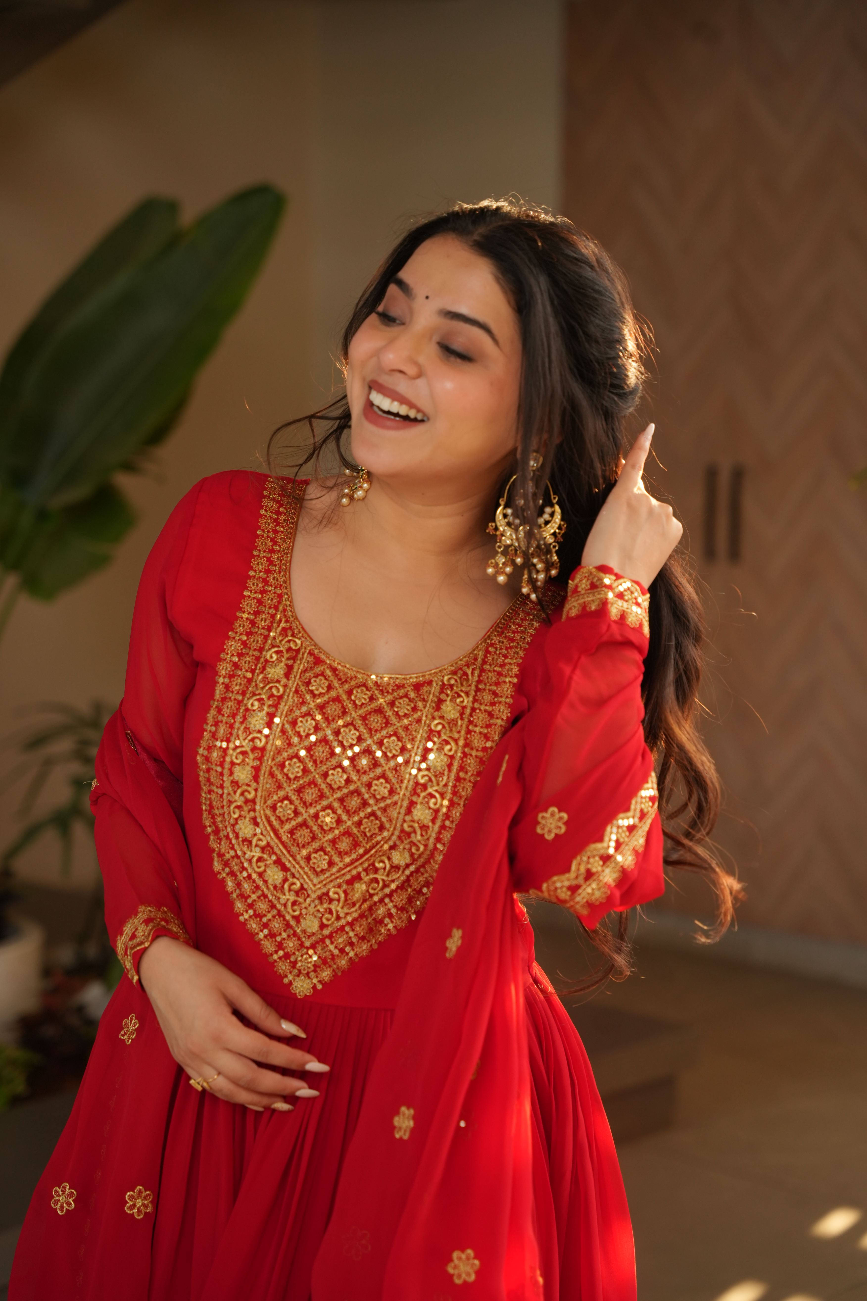 Red Faux Blooming Embroidered Anarkali Set with Dupatta