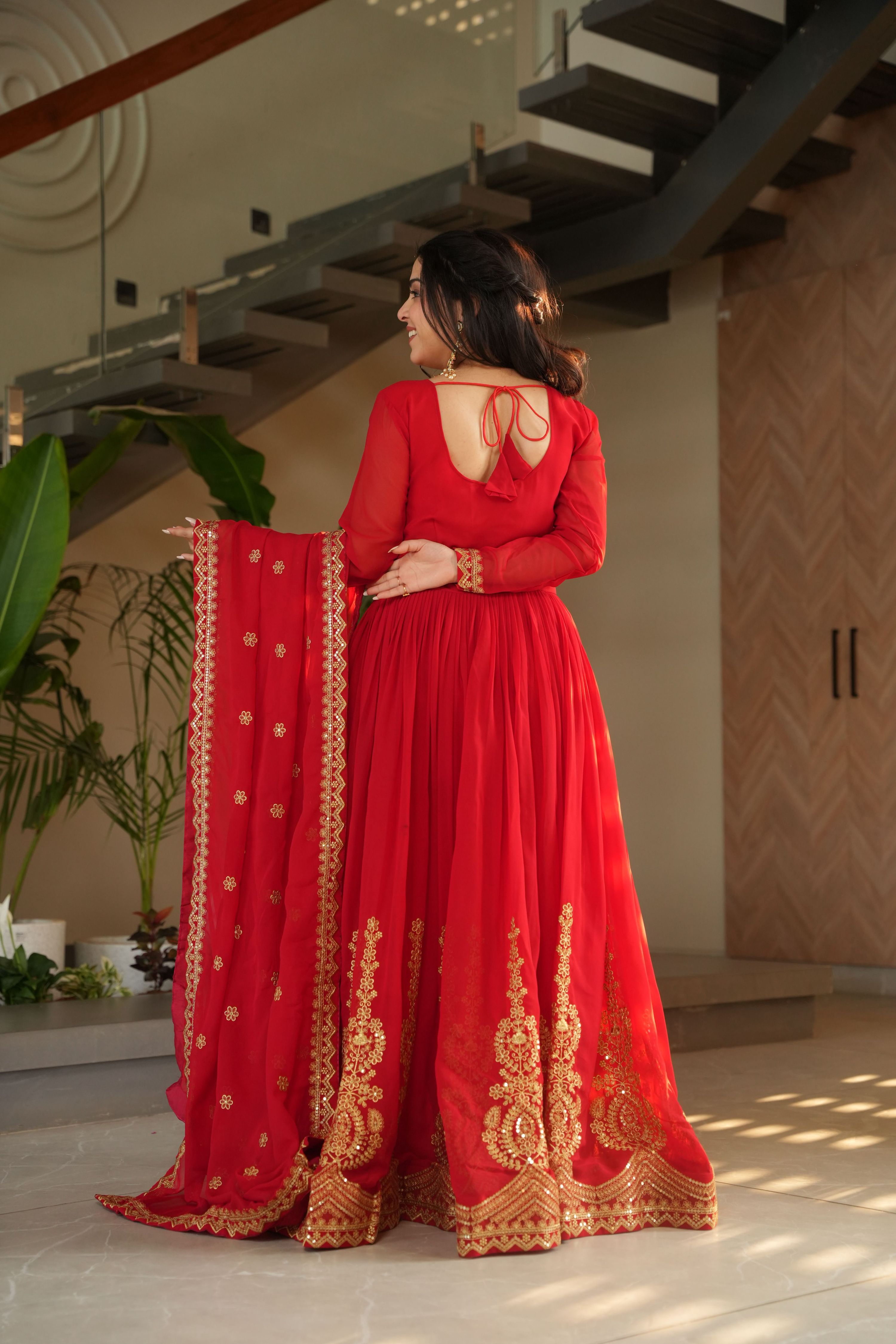 Red Faux Blooming Embroidered Anarkali Set with Dupatta