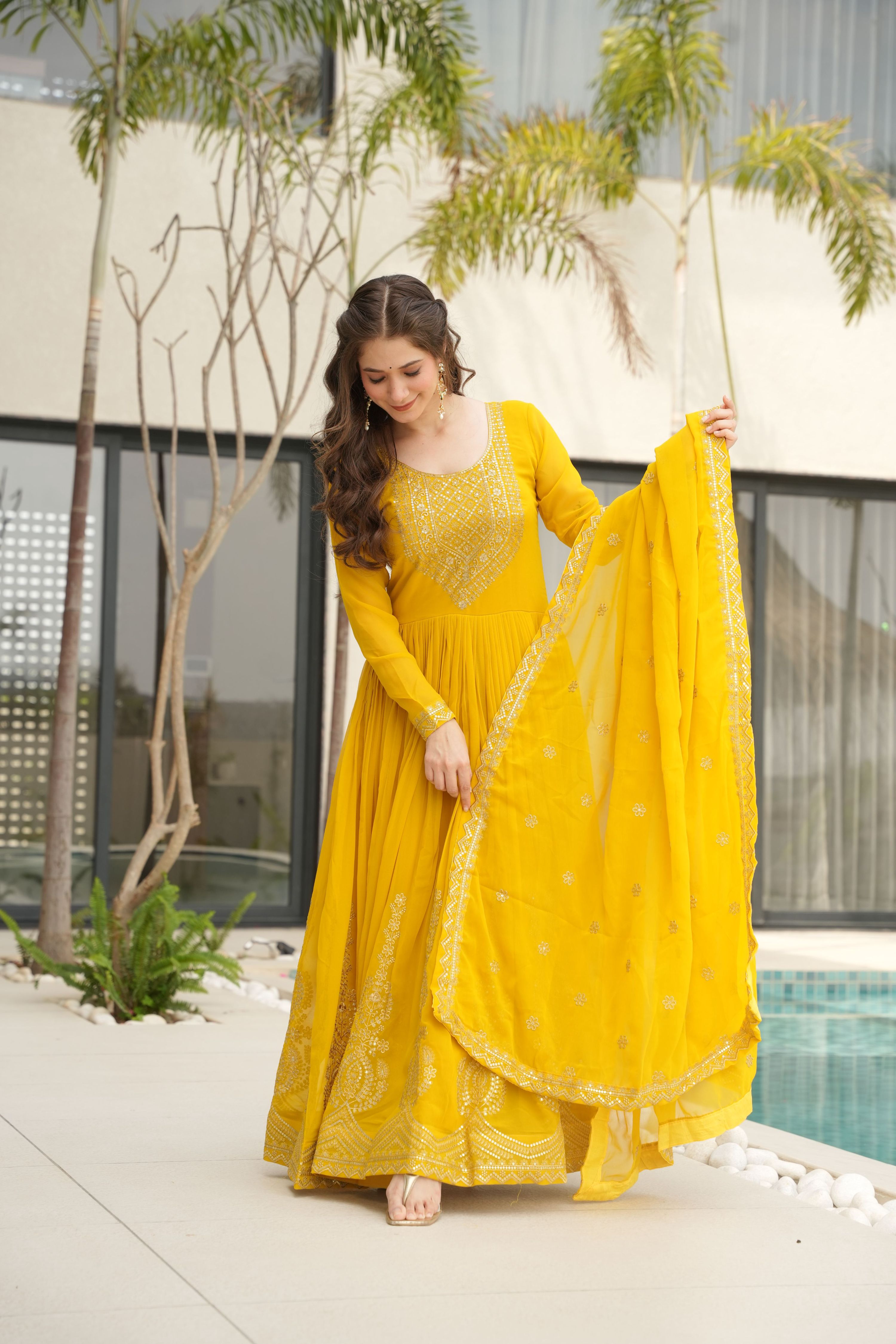 Yellow Faux Blooming Sequins Embroidered Anarkali Set with Dupatta