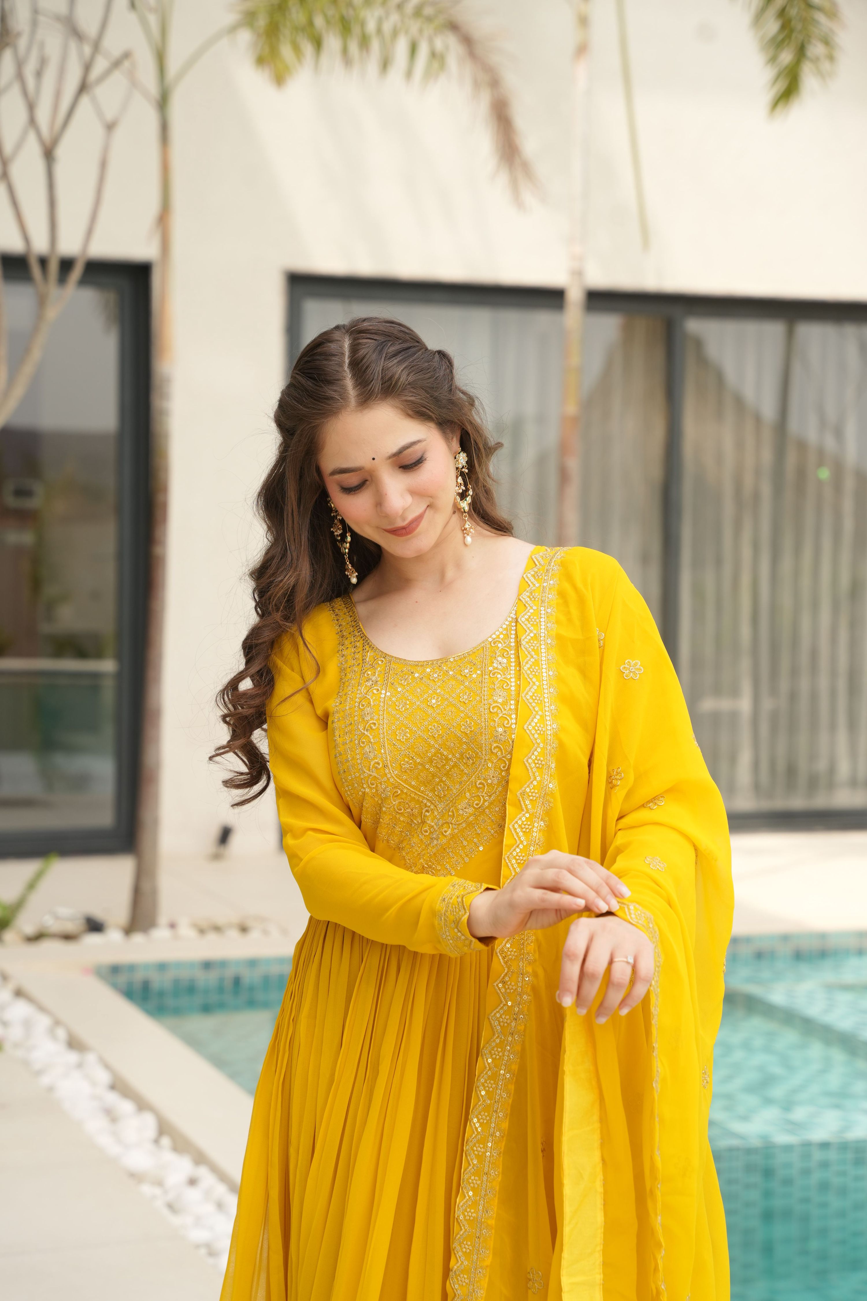 Yellow Faux Blooming Sequins Embroidered Anarkali Set with Dupatta