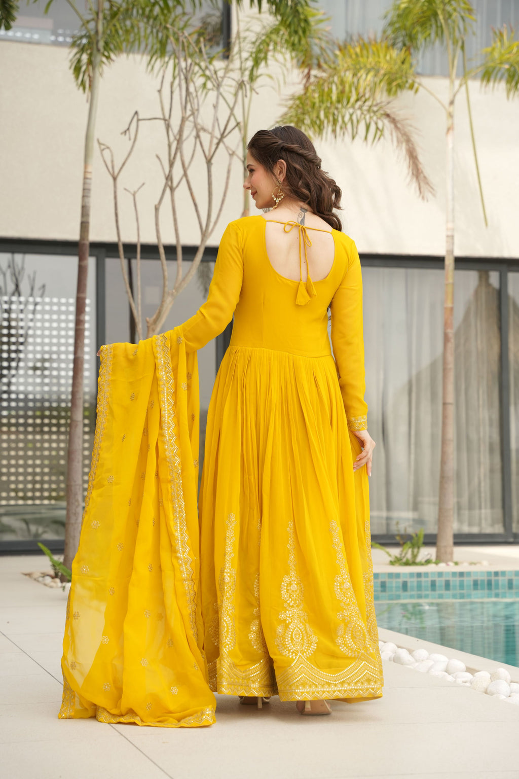 Yellow Faux Blooming Sequins Embroidered Anarkali Set with Dupatta