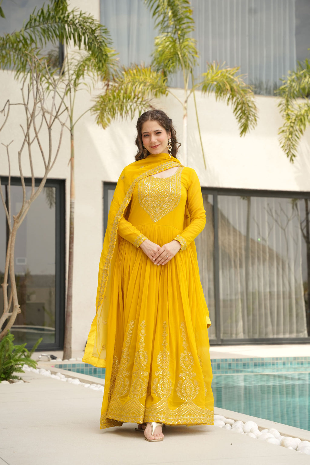 Yellow Faux Blooming Sequins Embroidered Anarkali Set with Dupatta