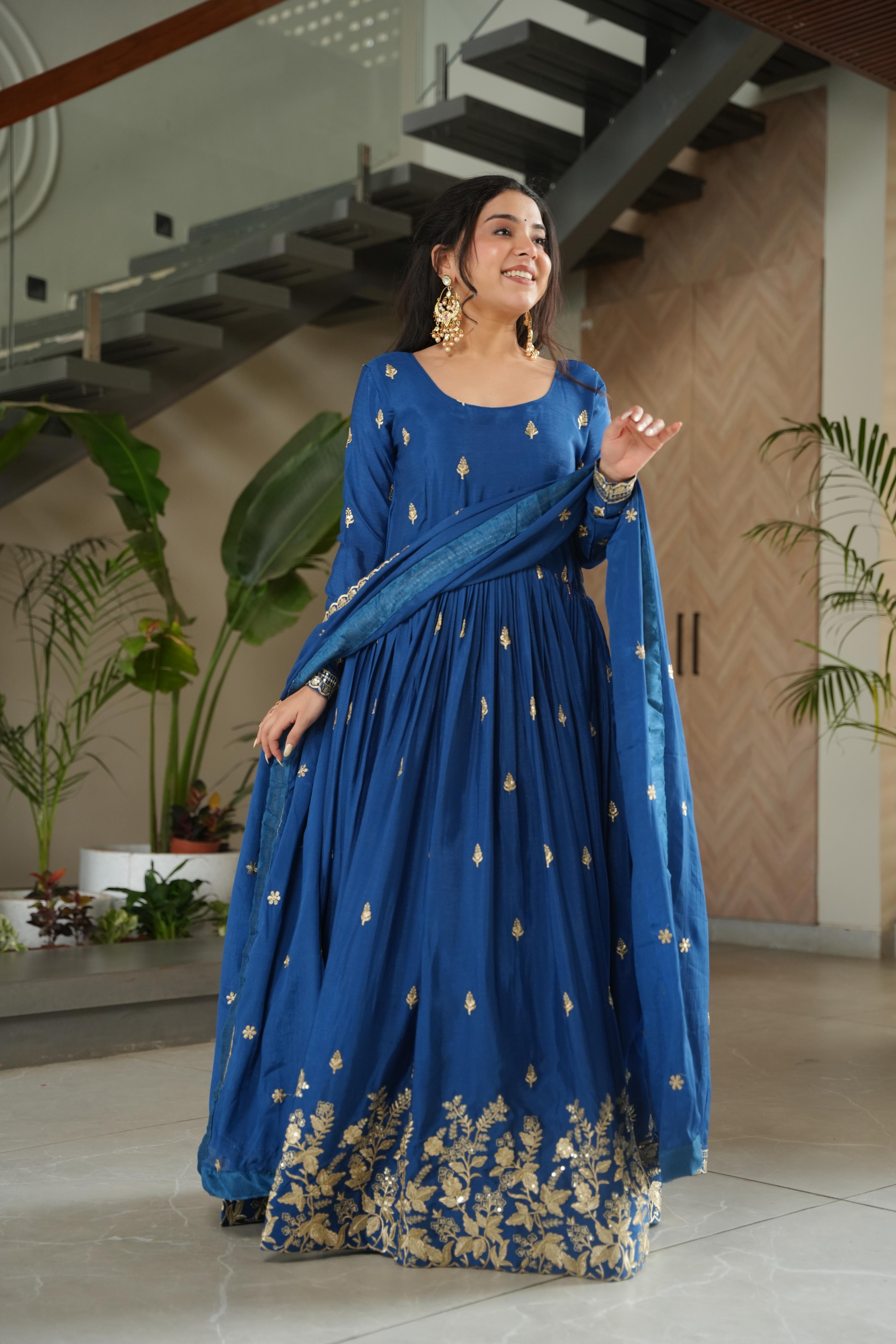 Blue Chinon Anarkali Set with Sequins and Zari Embroidery
