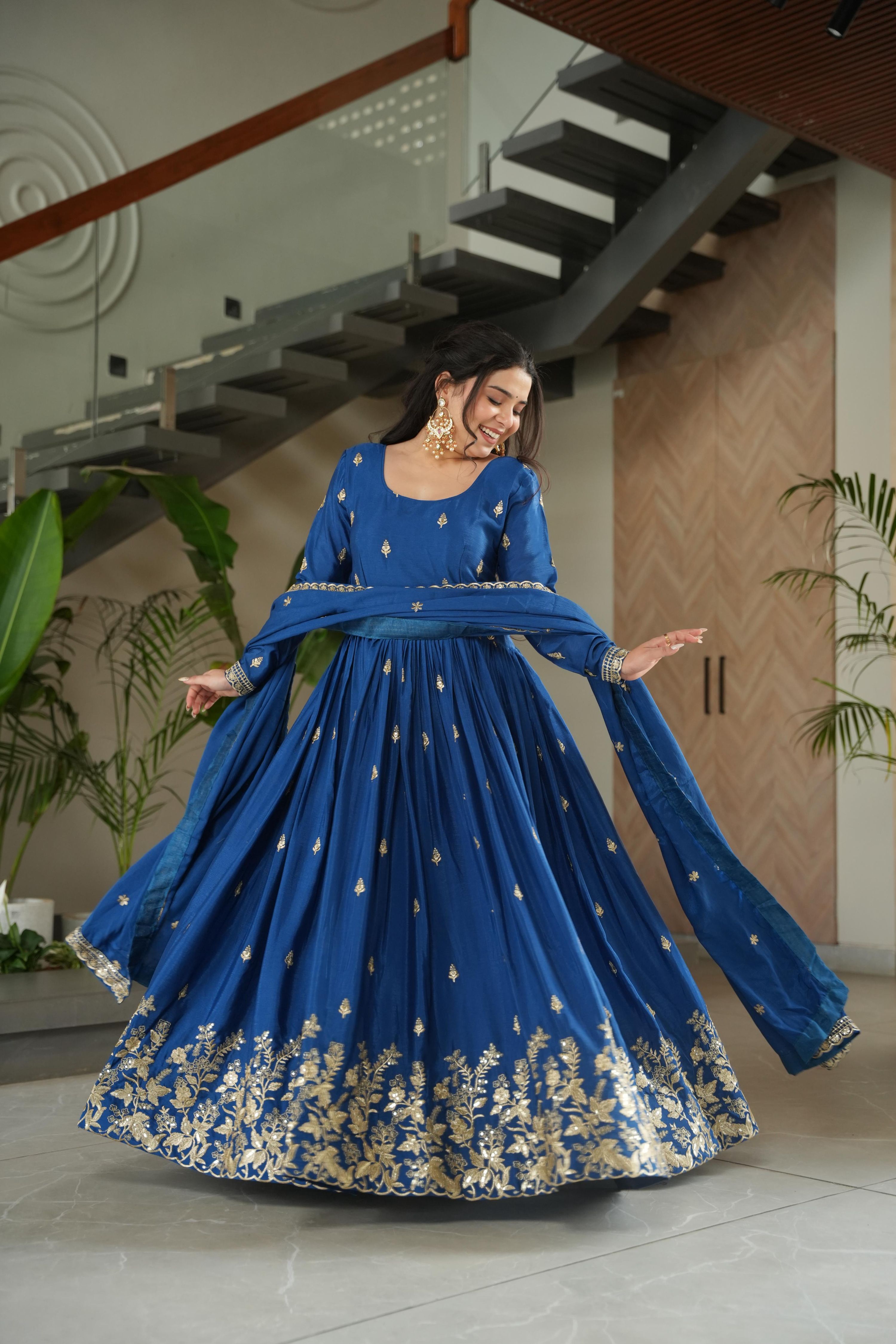 Blue Chinon Anarkali Set with Sequins and Zari Embroidery