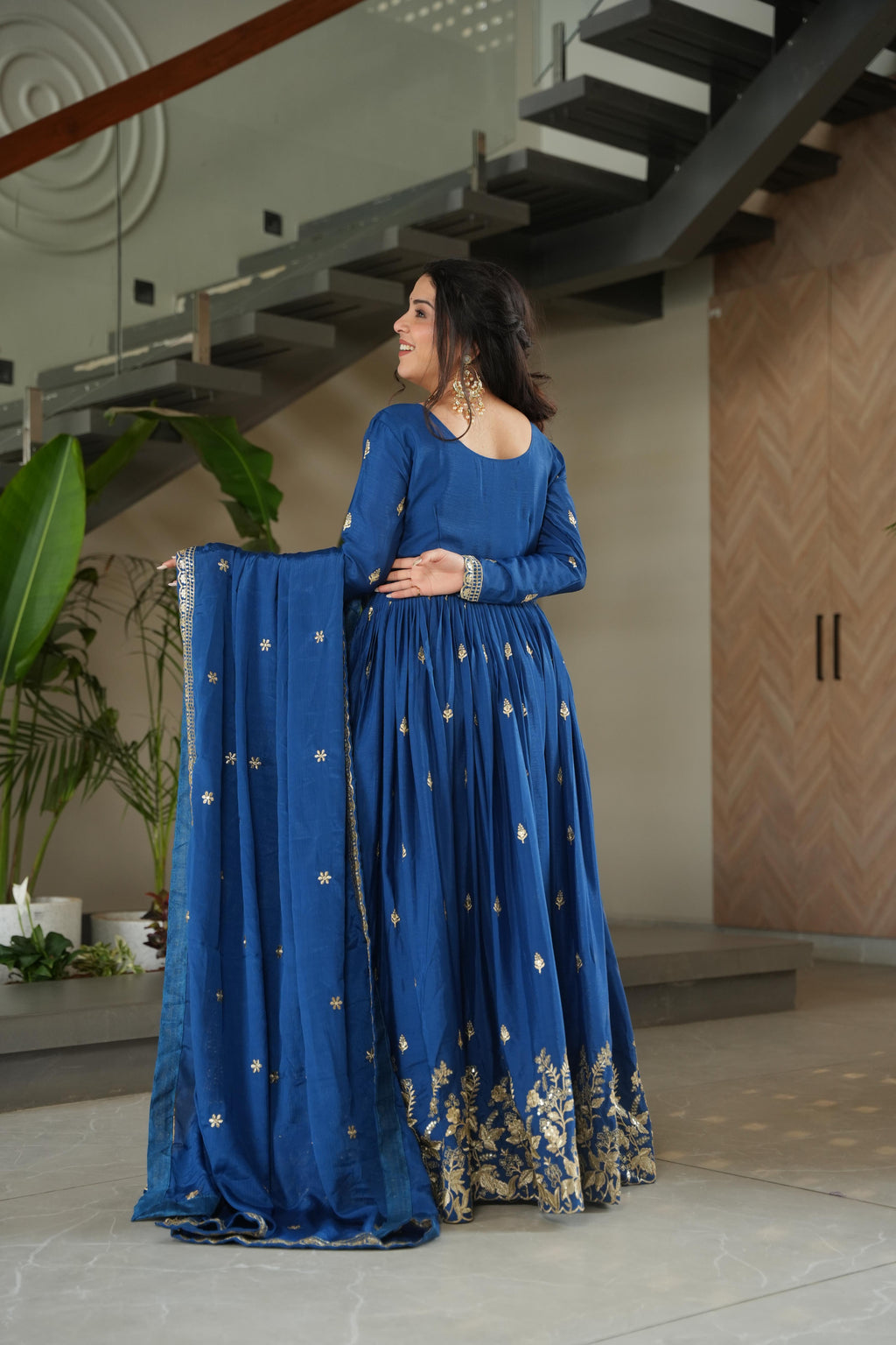 Blue Chinon Anarkali Set with Sequins and Zari Embroidery