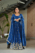 A blue Chinon Anarkali suit with detailed sequins and zari embroidery and a matching dupatta.