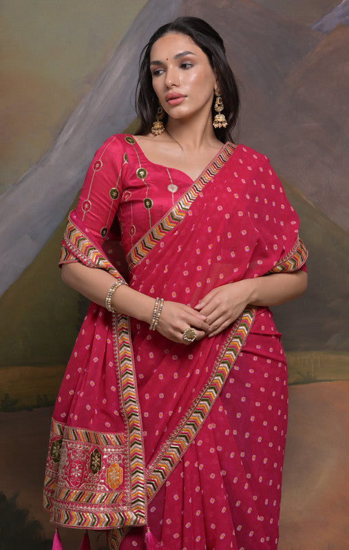 Jyoti Fashion Women's Rani Pink Coding Sequence Georgette Saree with Blouse