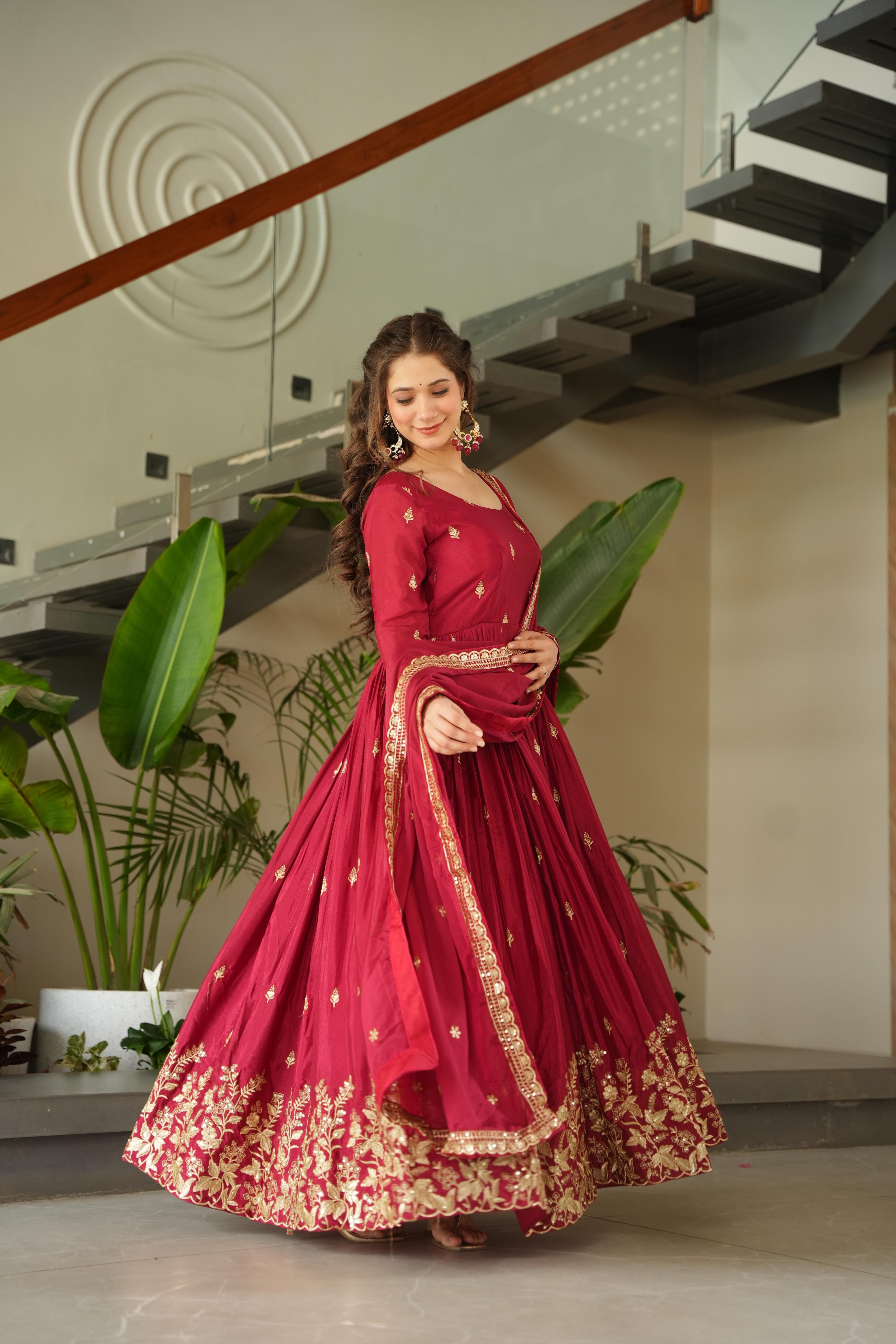 Blue Chinon Anarkali set with sequin and zari embroidery and matching dupatta