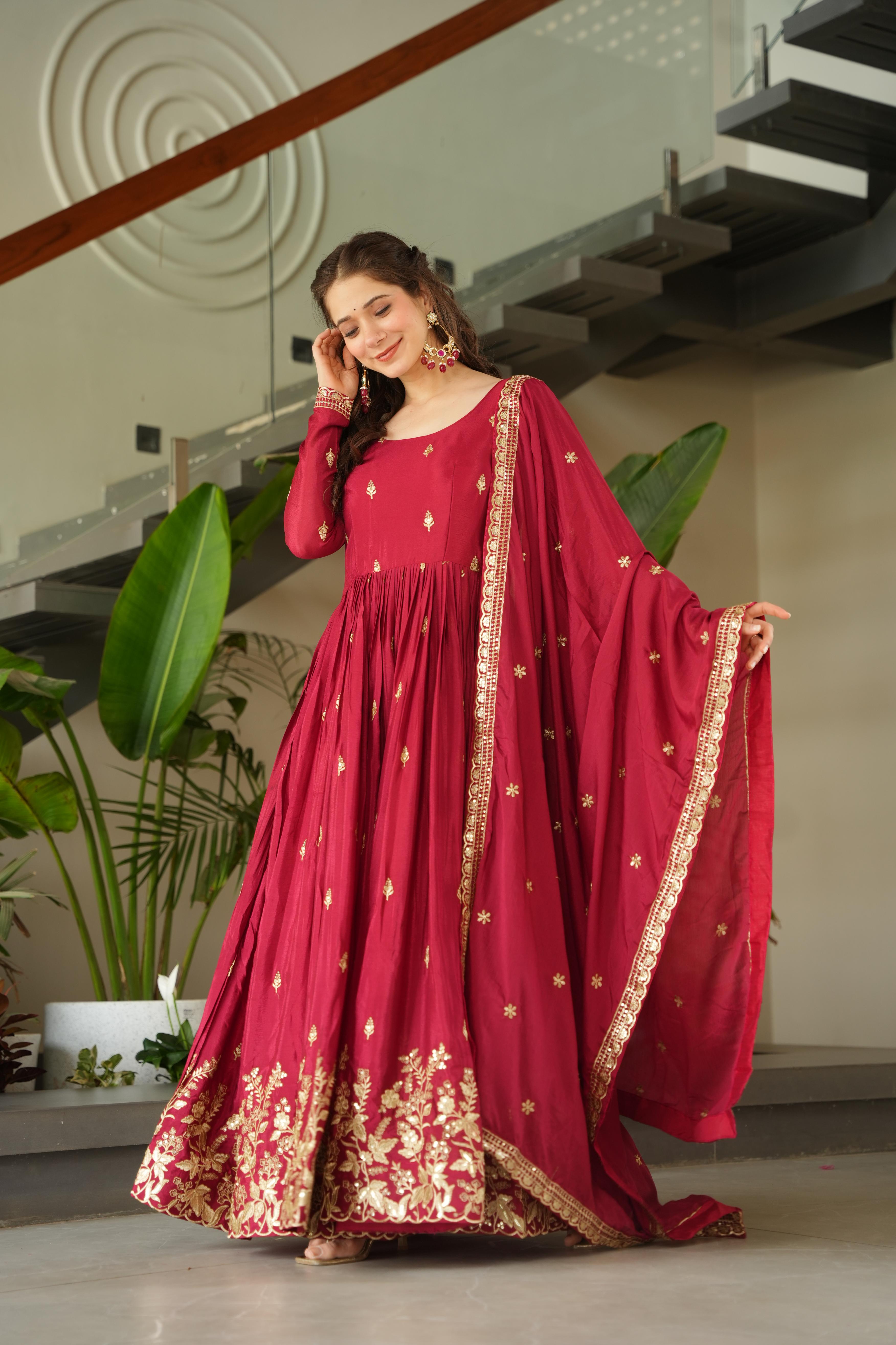 Blue Chinon Sequins Embroidered Anarkali Set with Dupatta