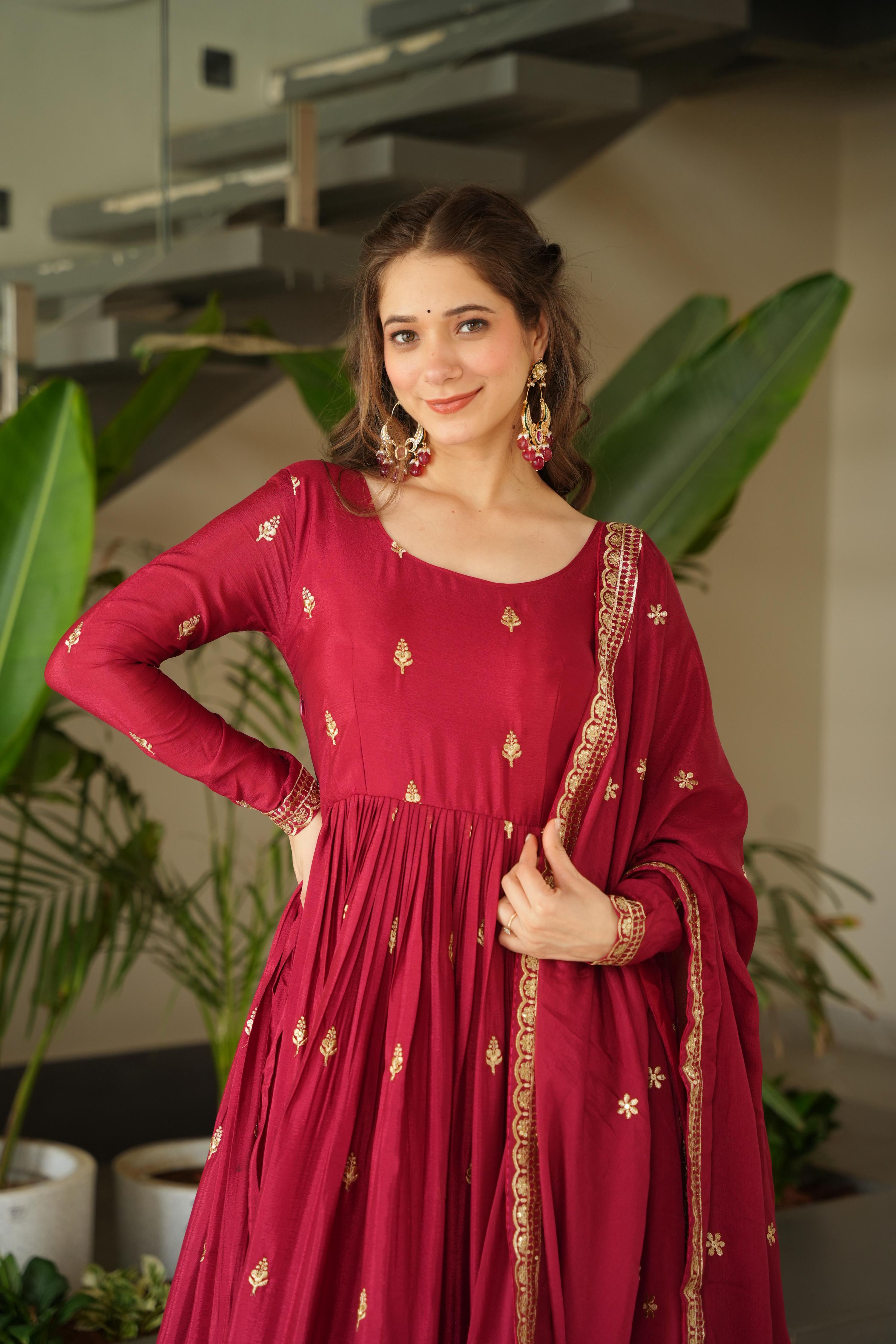 Blue Chinon Sequins Embroidered Anarkali Set with Dupatta