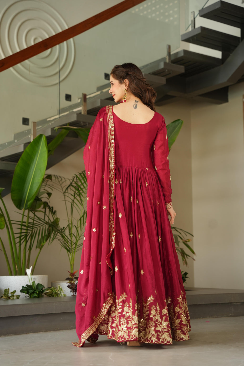Blue Chinon Sequins Embroidered Anarkali Set with Dupatta