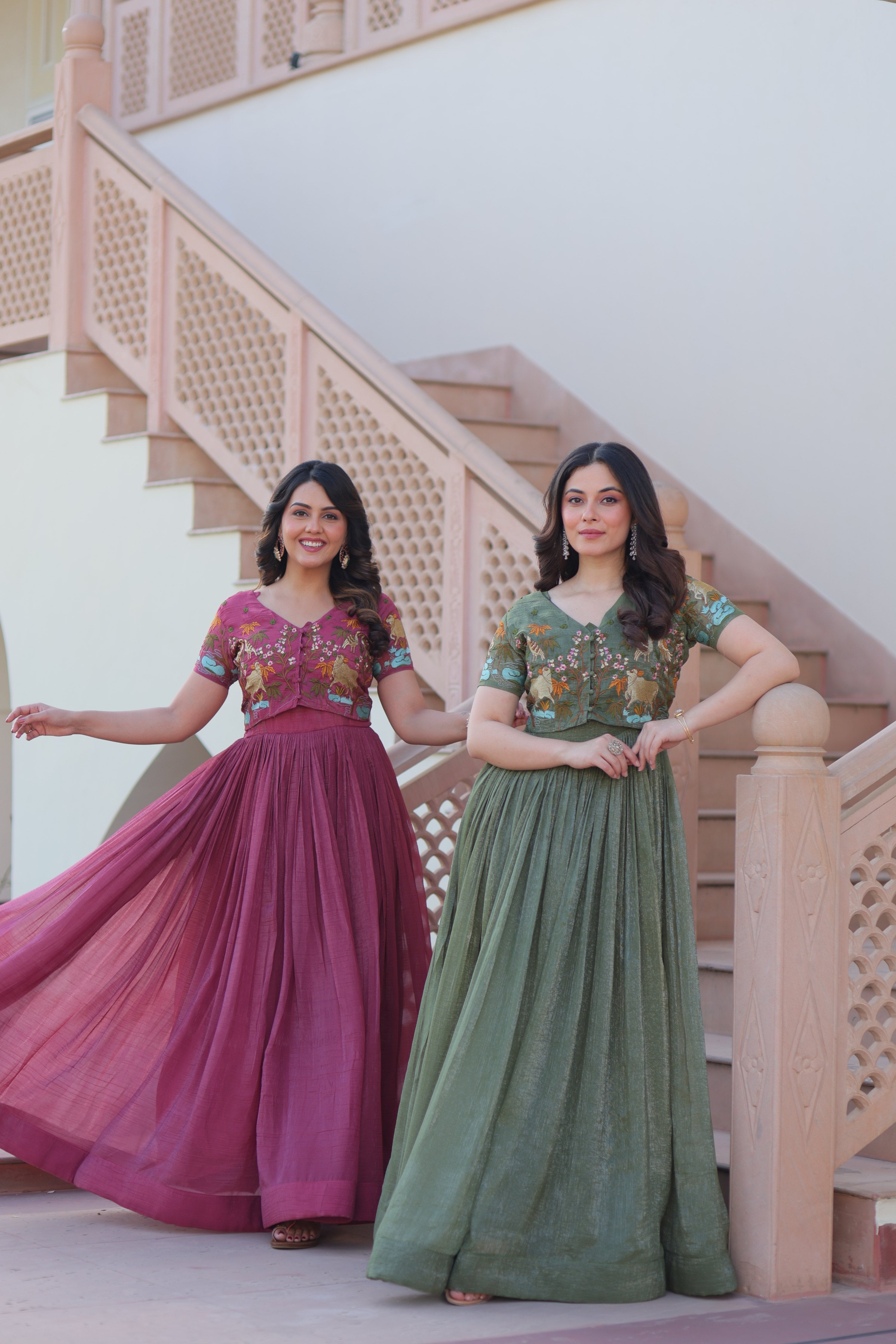 Onion & Green Silver Crunchy A-Line Anarkali Set with Koti