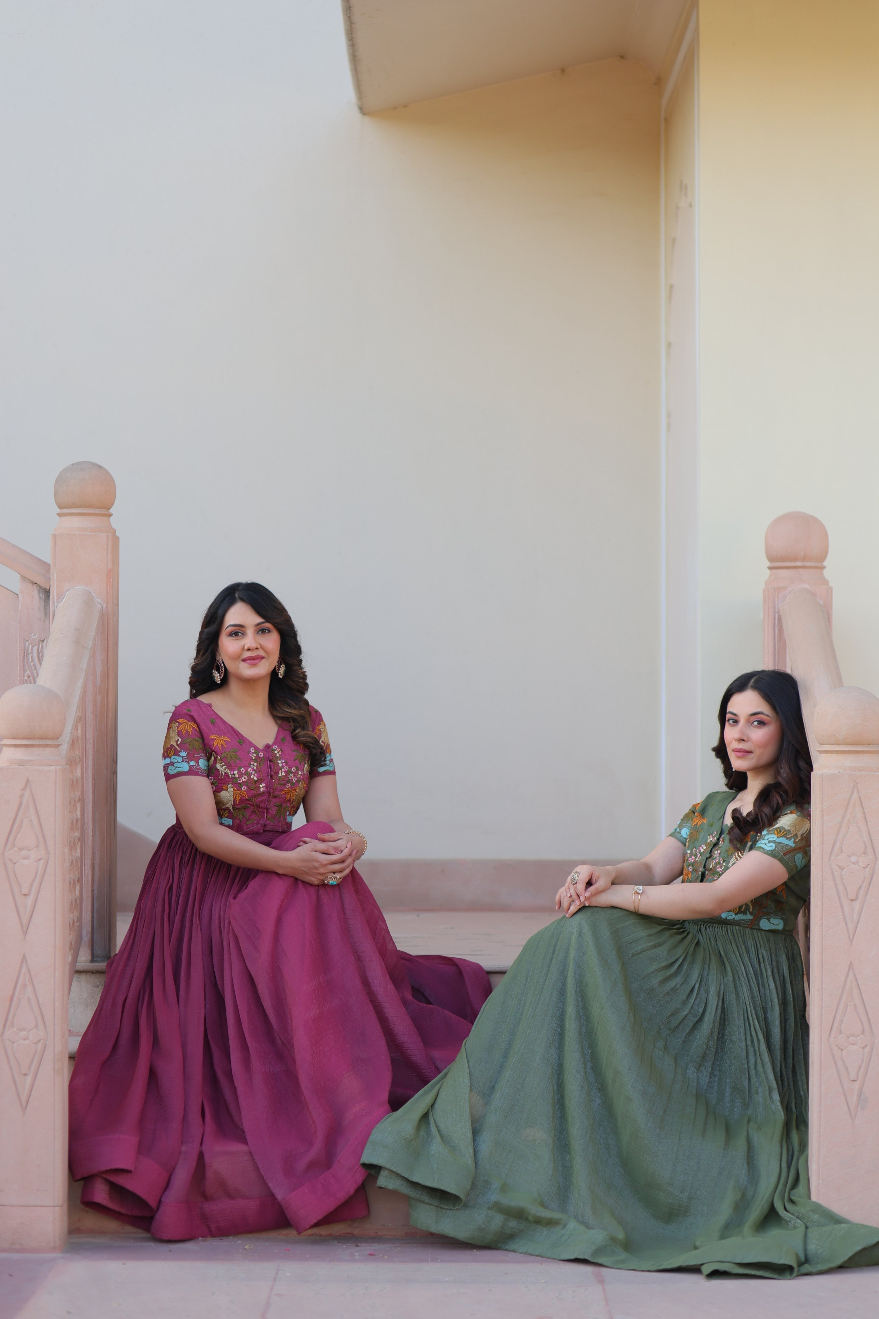 Onion and green A-line Anarkali set with Koti, silver crunchy fabric