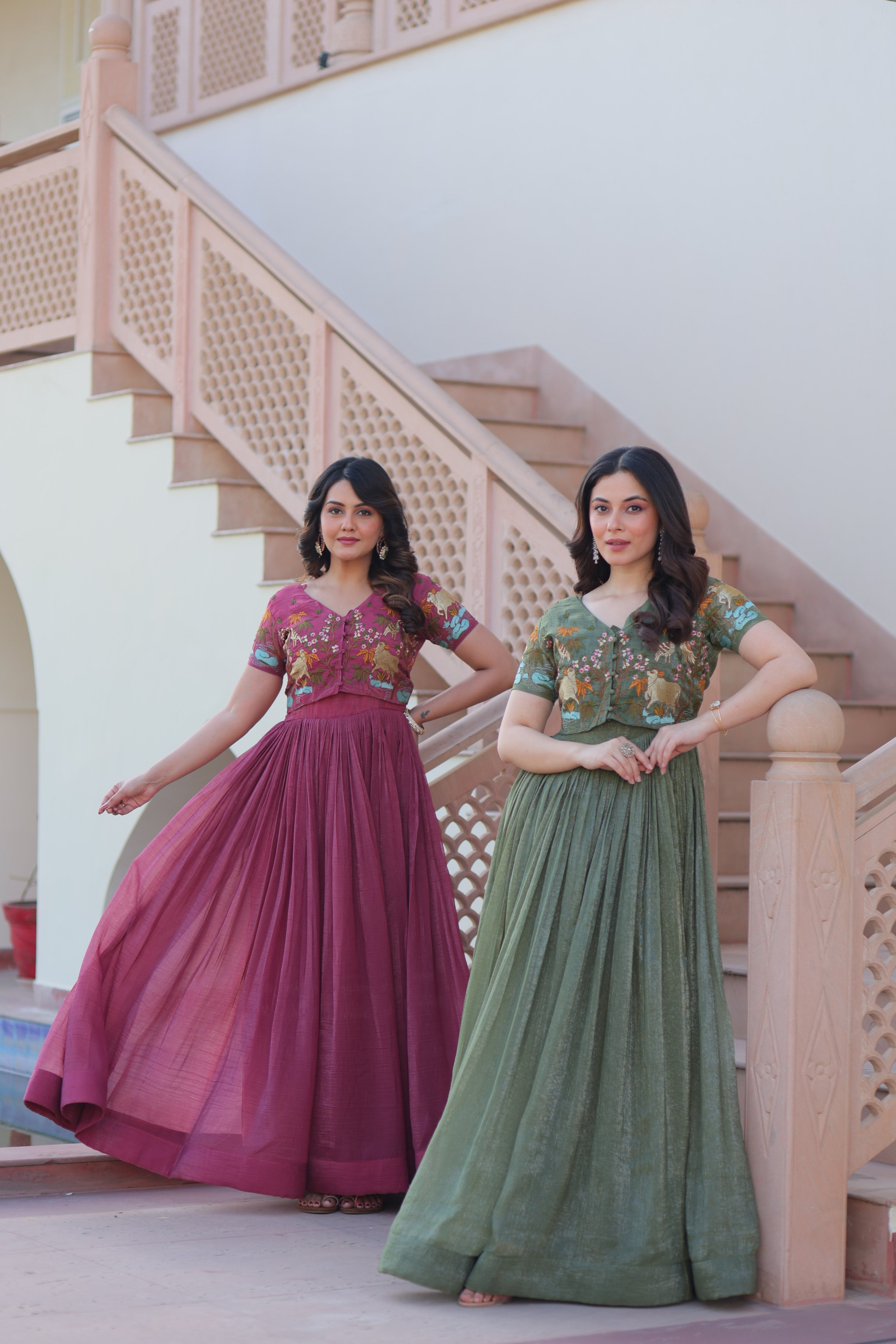 Onion & Green Silver Crunchy A-Line Anarkali Set with Koti