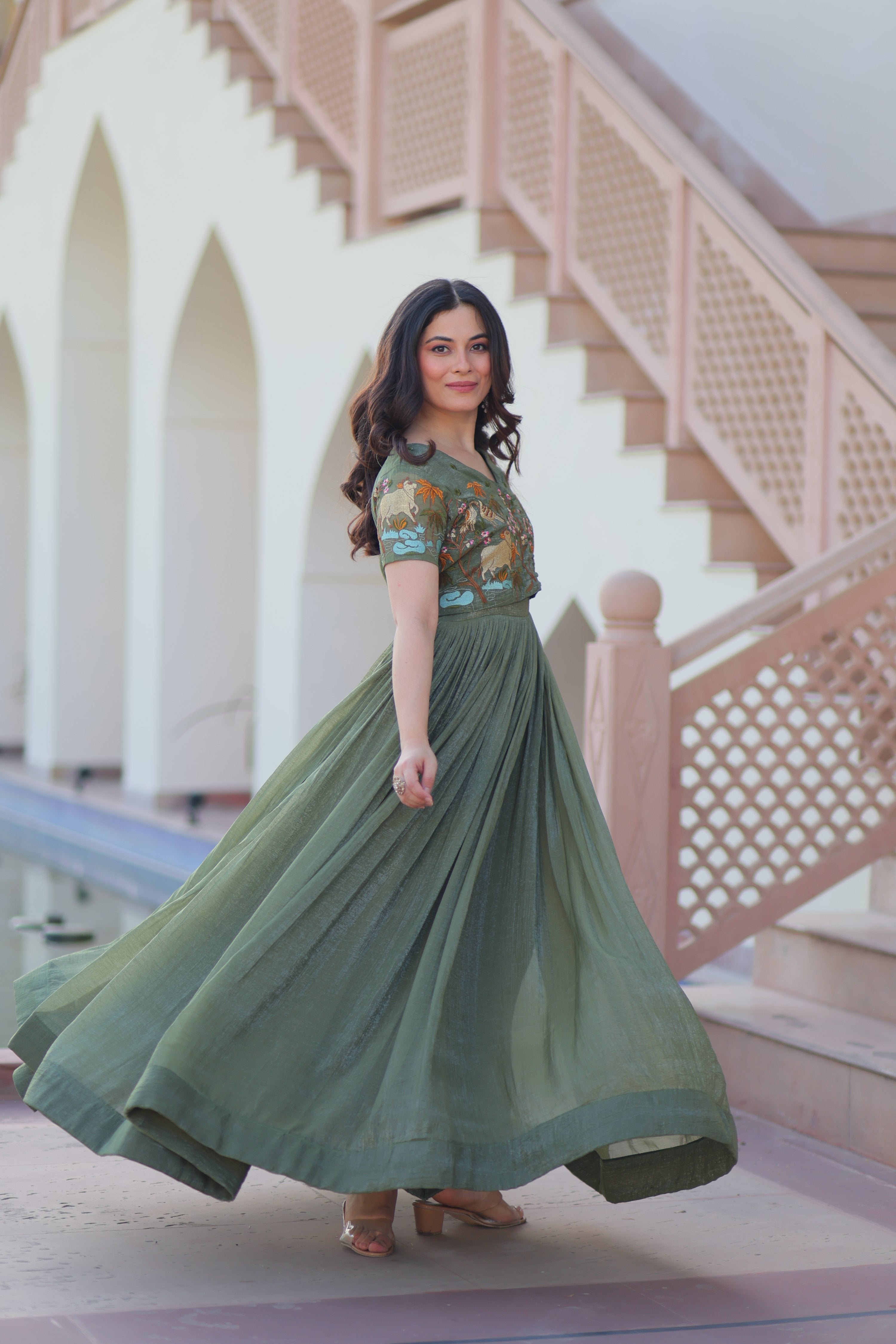 Green Silver Crunchy Designer Anarkali Set with Koti