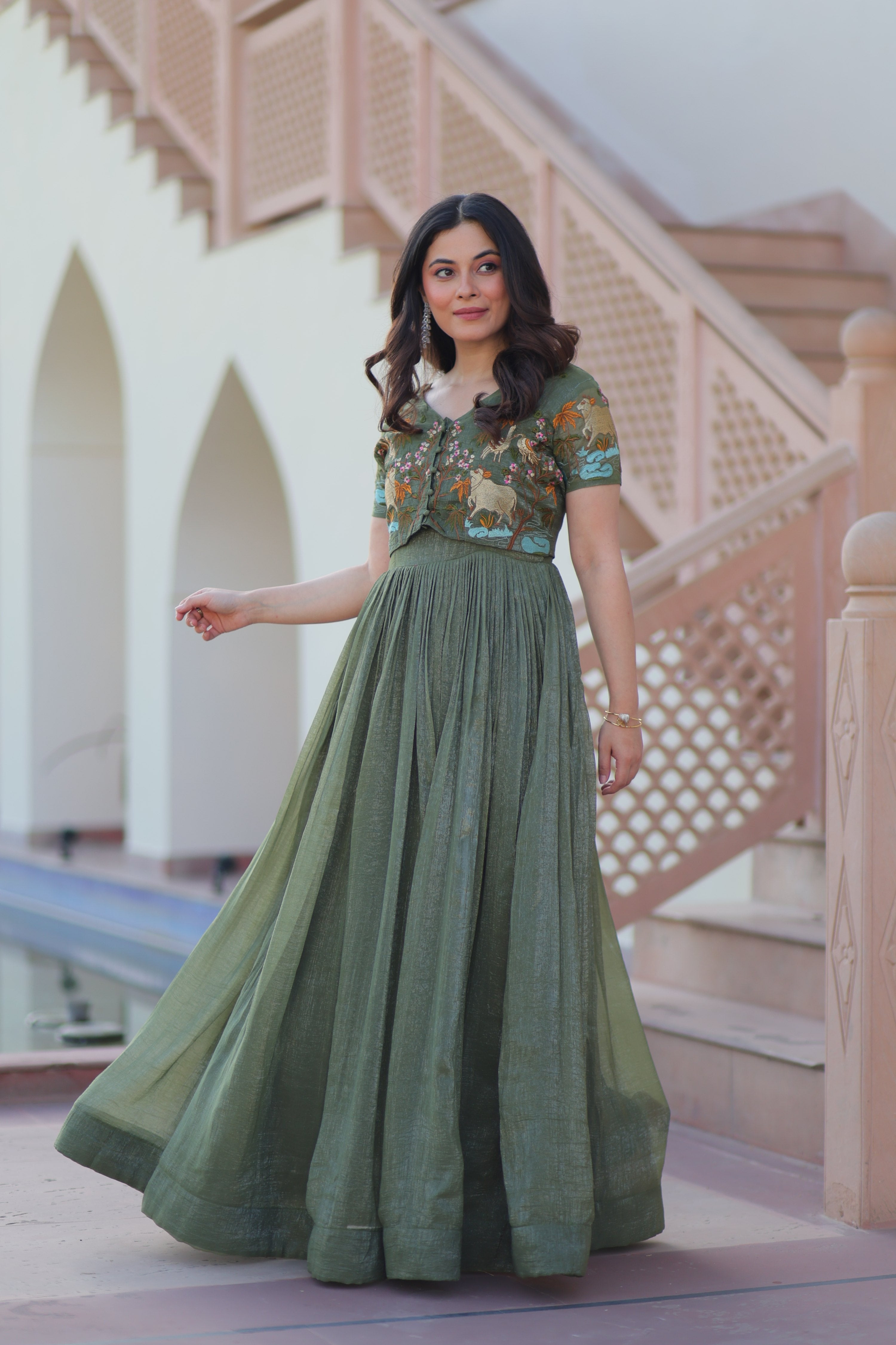 Green Silver Crunchy Designer Anarkali Set with Koti