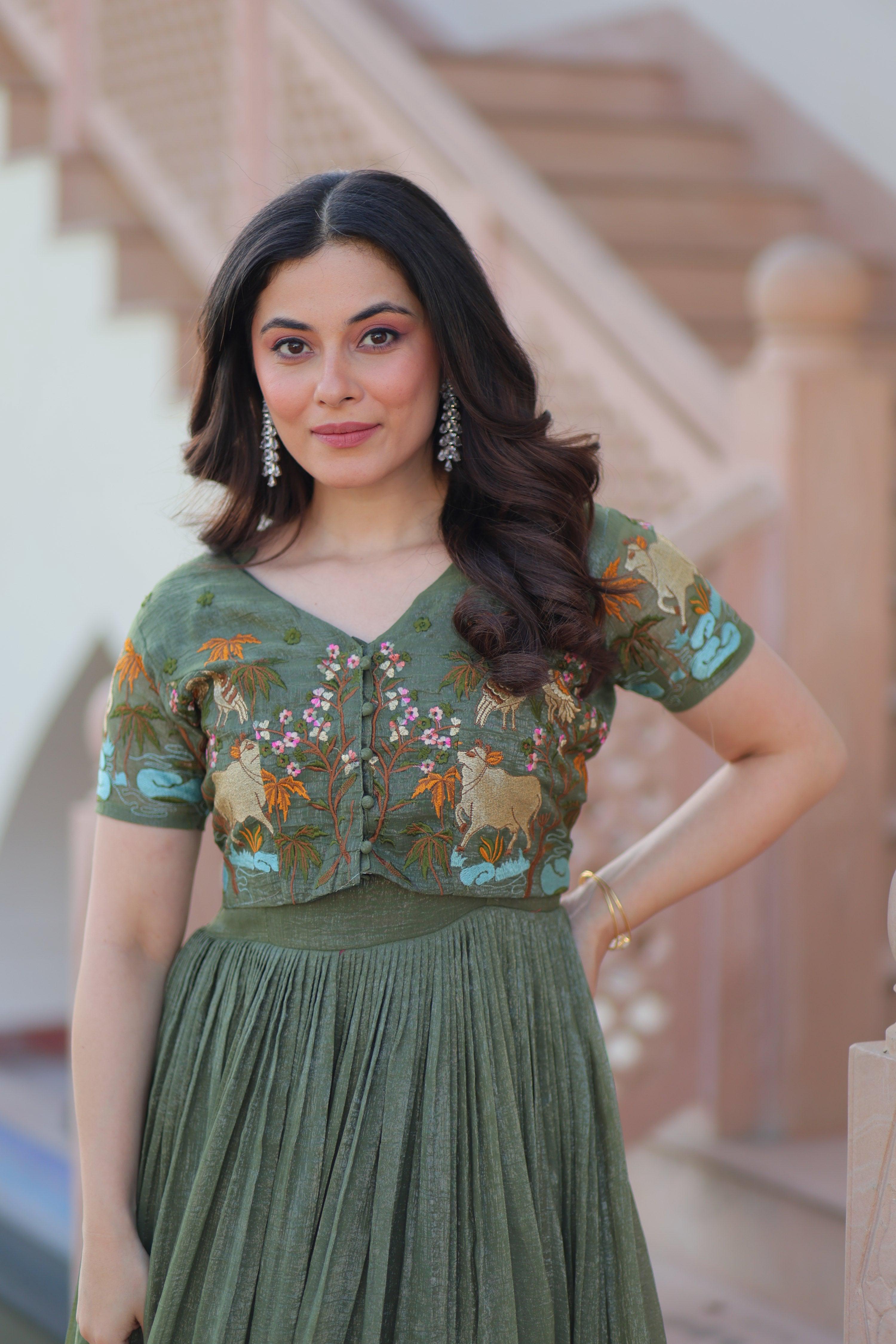 Green Silver Crunchy Designer Anarkali Set with Koti