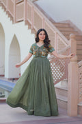 Green Silver Crunchy Anarkali gown with matching koti, A-line silhouette
