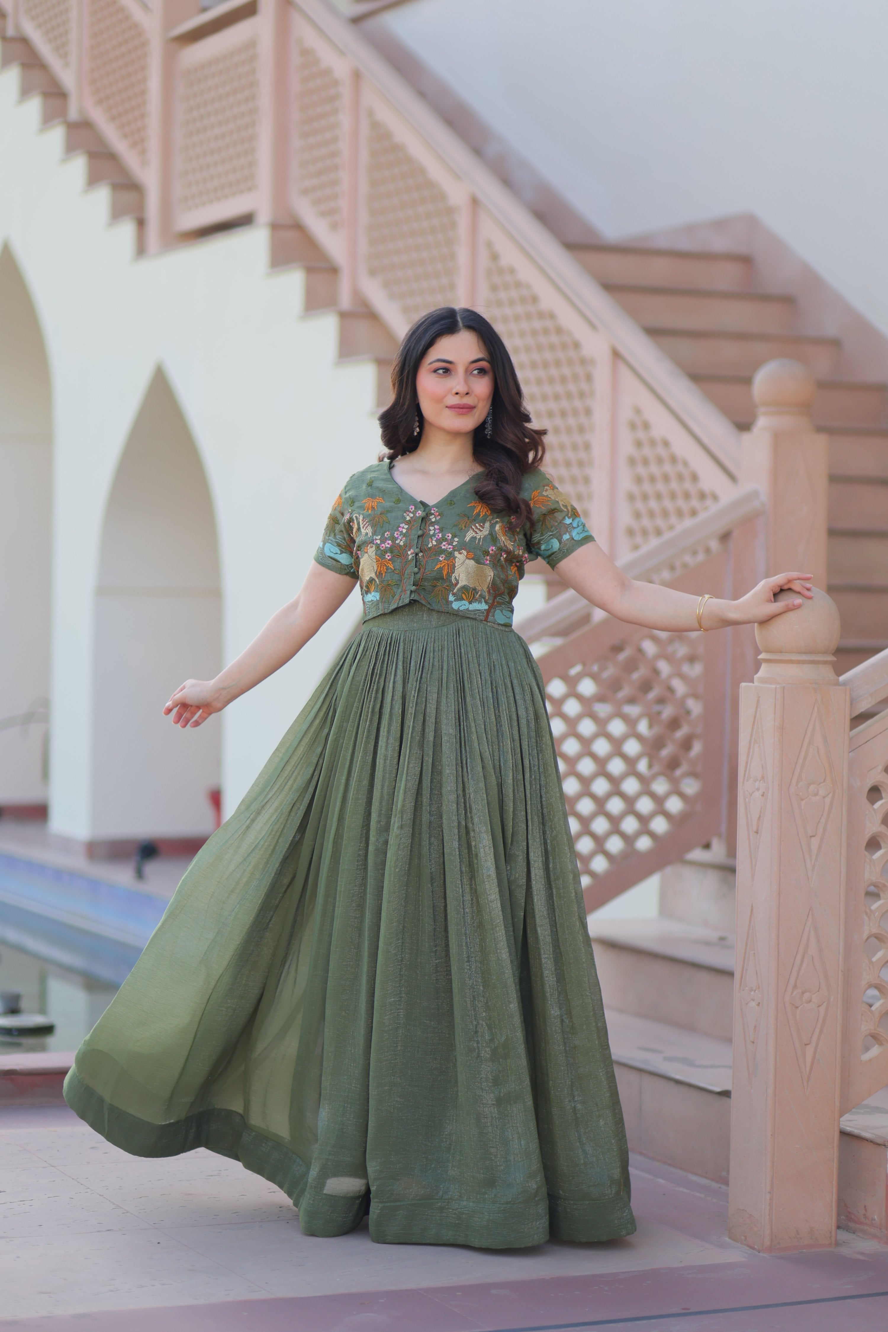Green Silver Crunchy Anarkali gown with matching koti, A-line silhouette