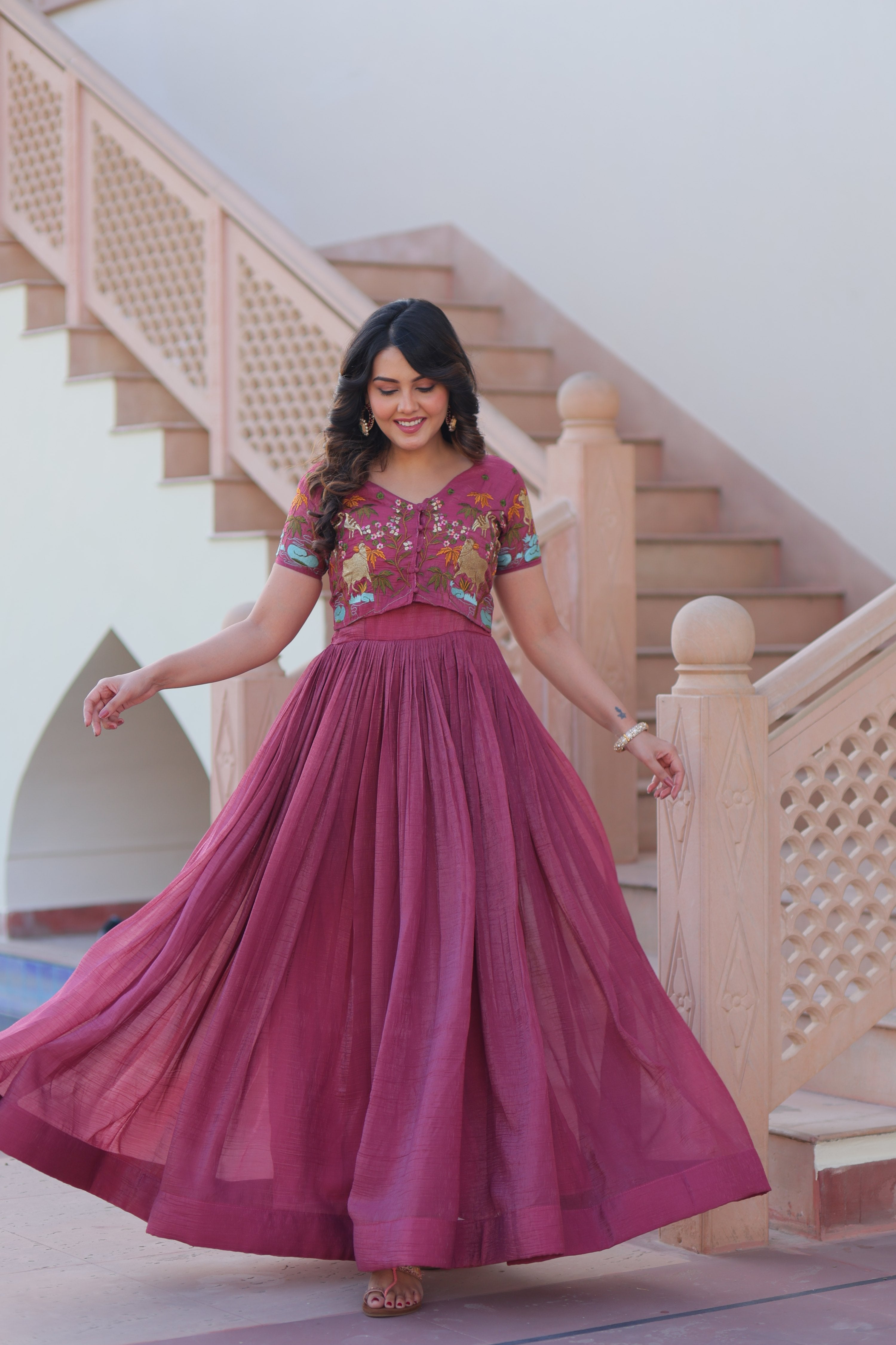 Onion Silver Crunchy Designer Anarkali Set with Koti