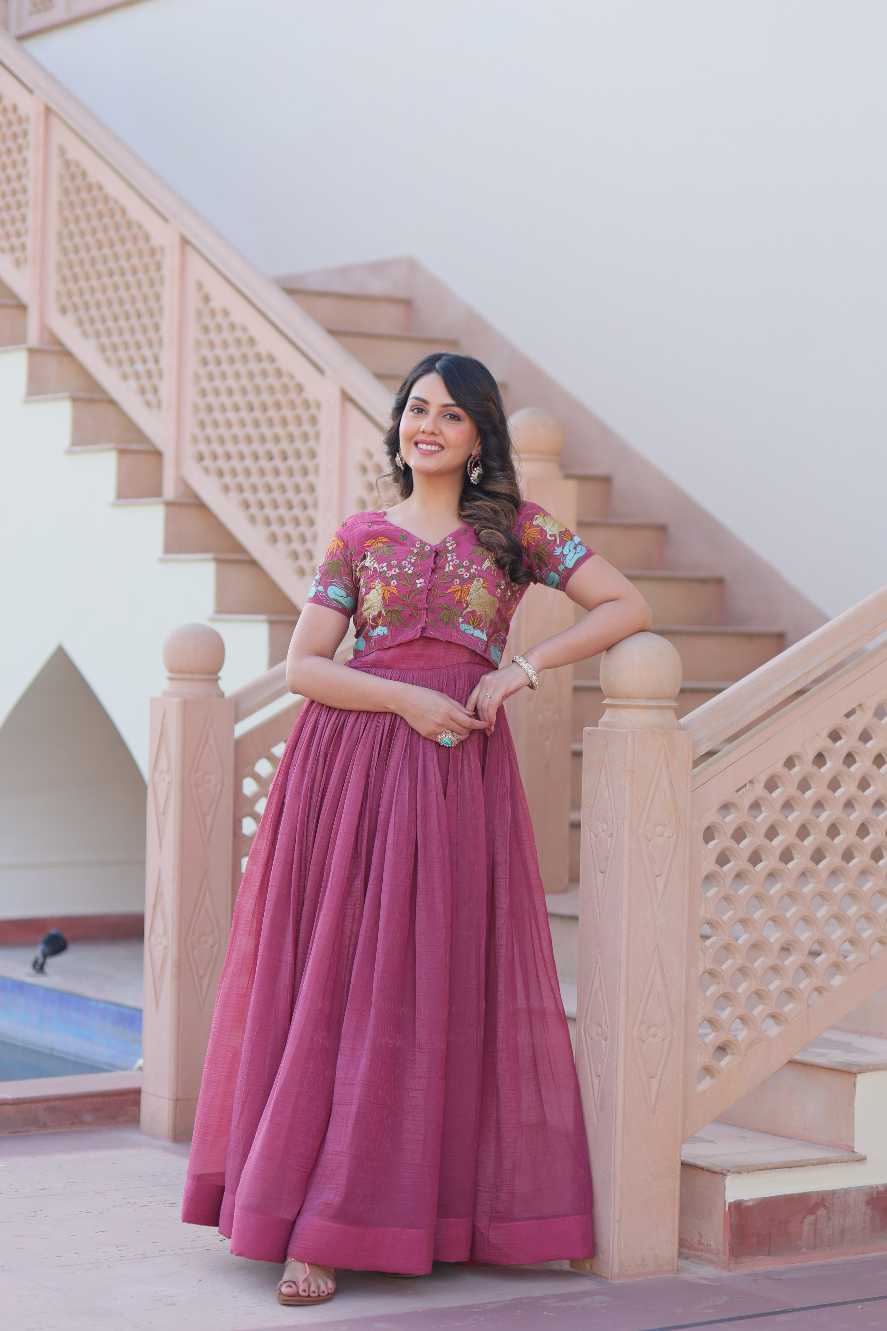 Onion silver designer Anarkali set with koti featuring a sleeveless round neck and A-line silhouette