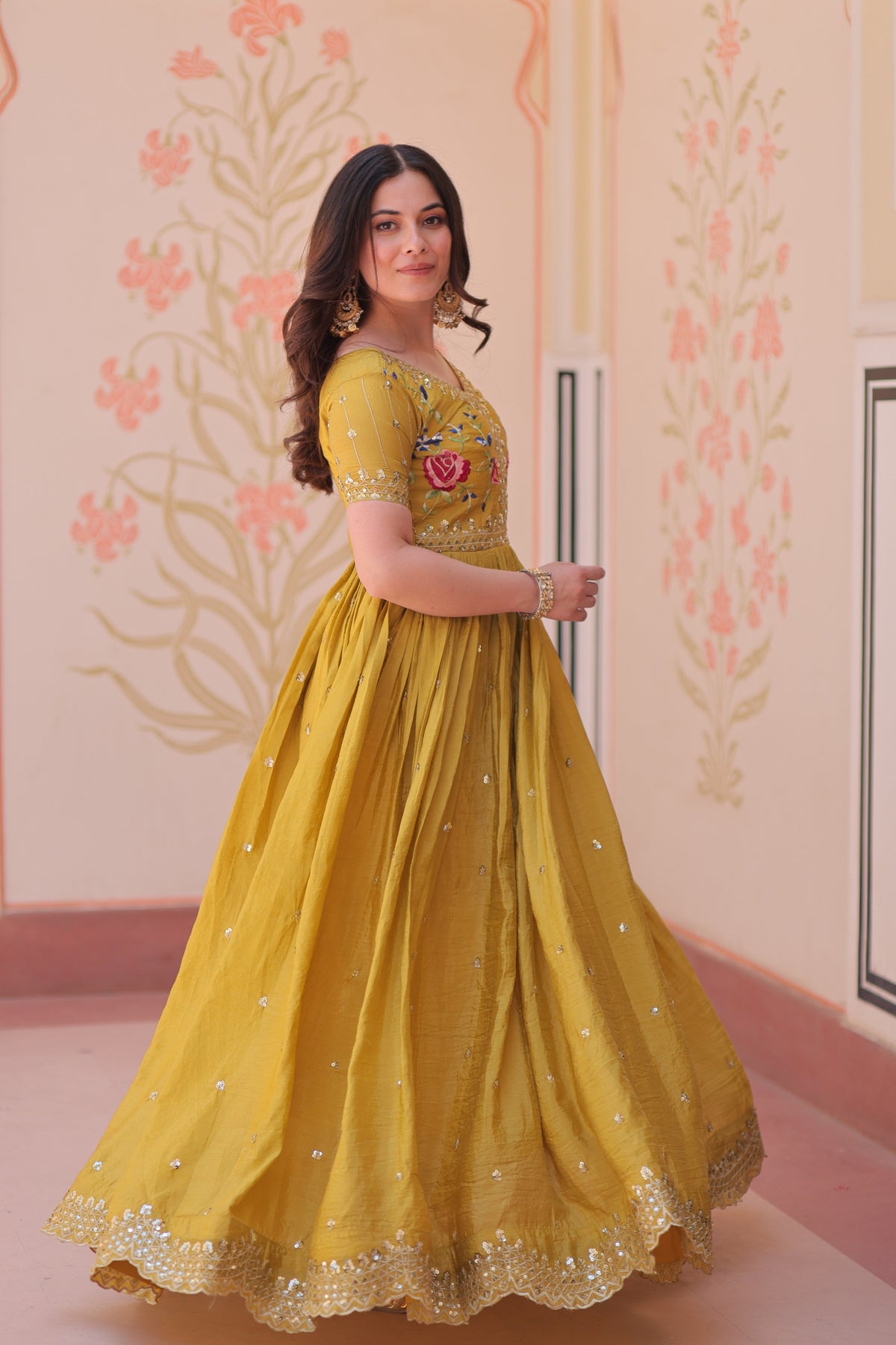 Mustard Gold Crush Embroidered Anarkali Set with Sequins