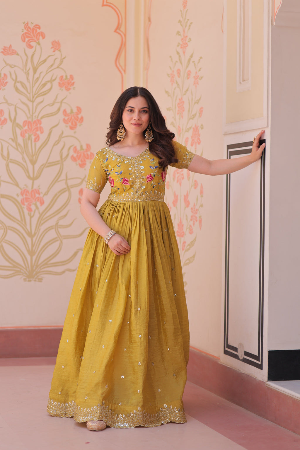 Mustard gold crush A-line Anarkali set with sequin and zari embroidery