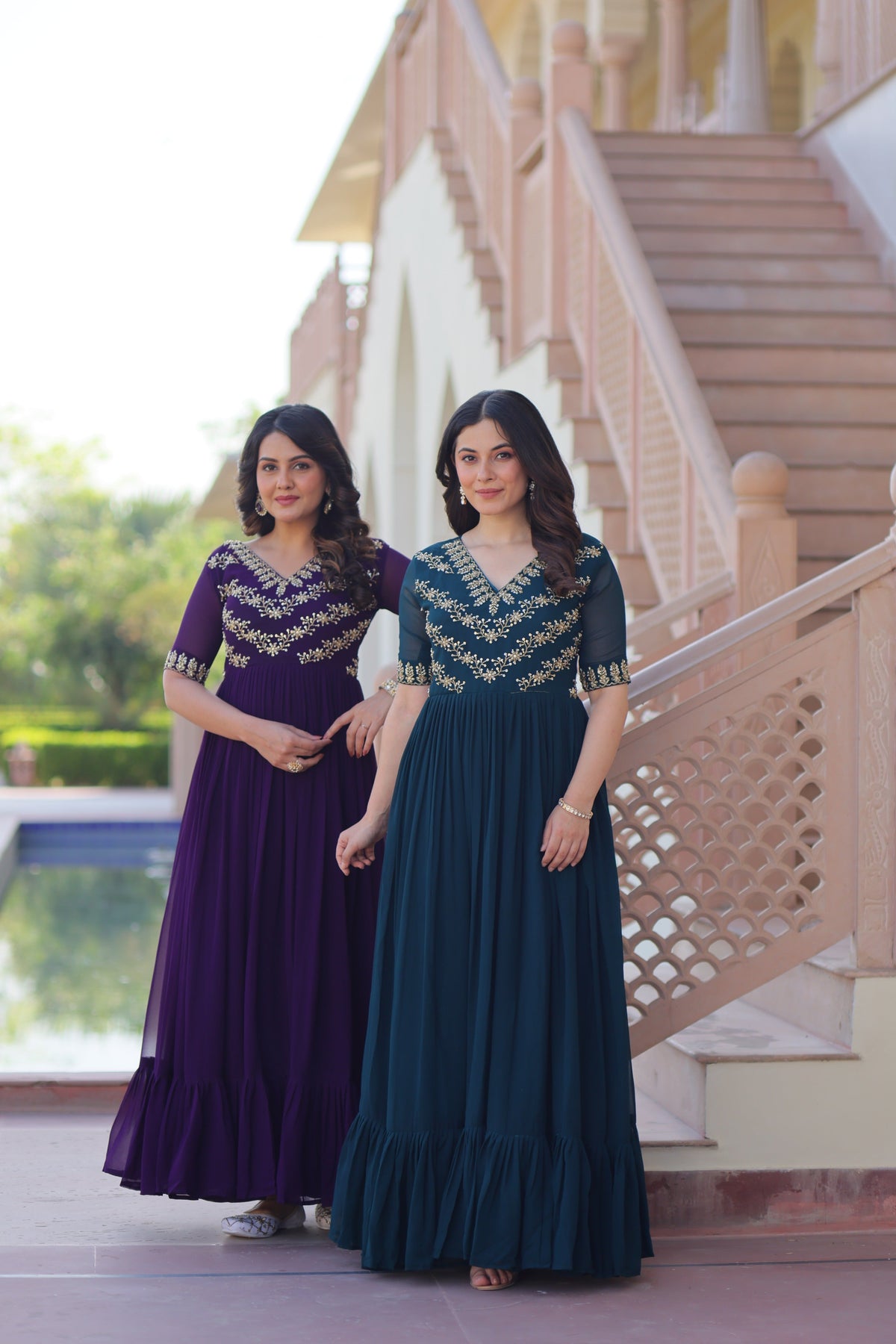 Purple and Rama A-line Anarkali dress featuring sequins and bead embroidery with 7-meter flair.