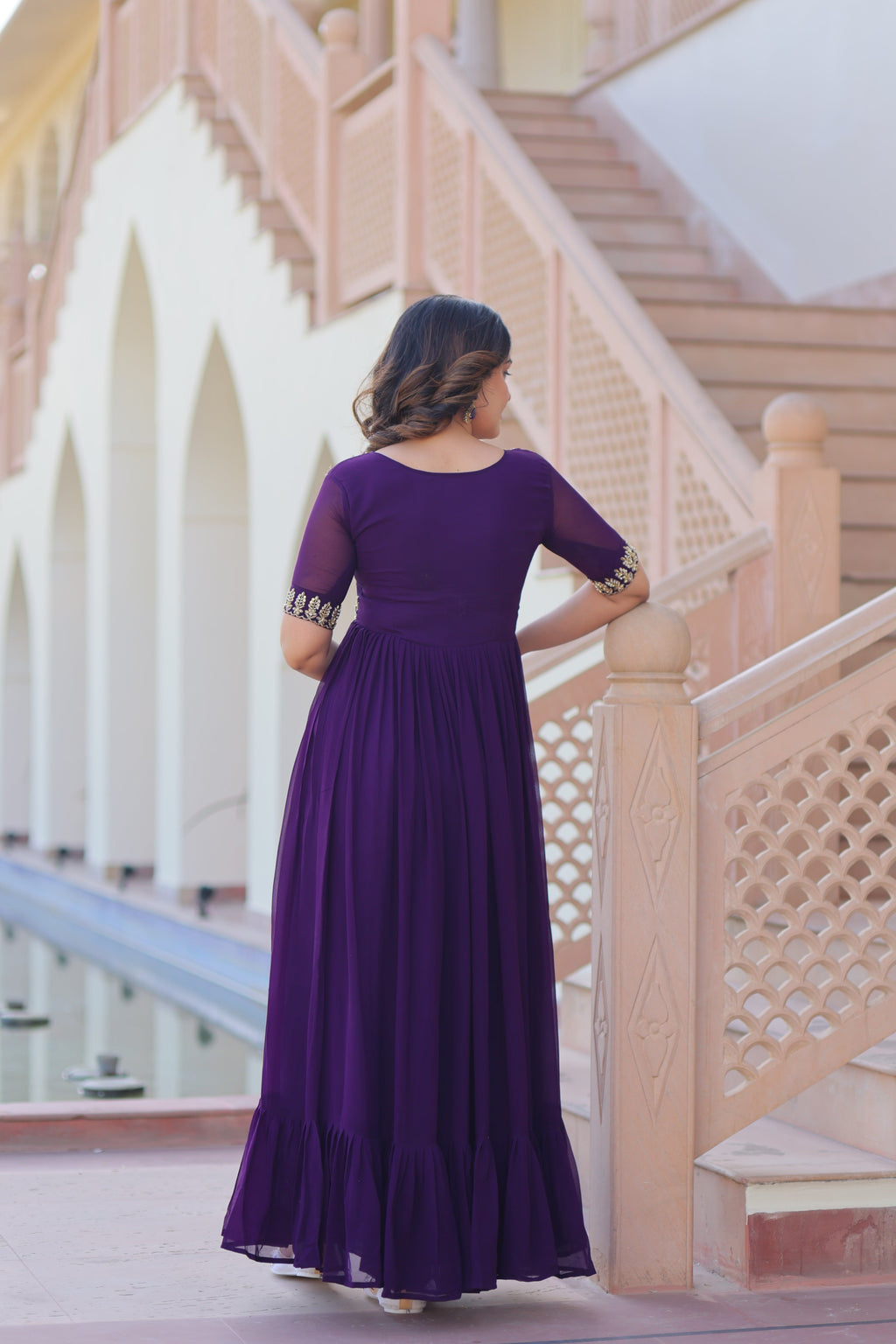 Purple Faux Blooming Beads Embroidered Anarkali Set 7m Flair